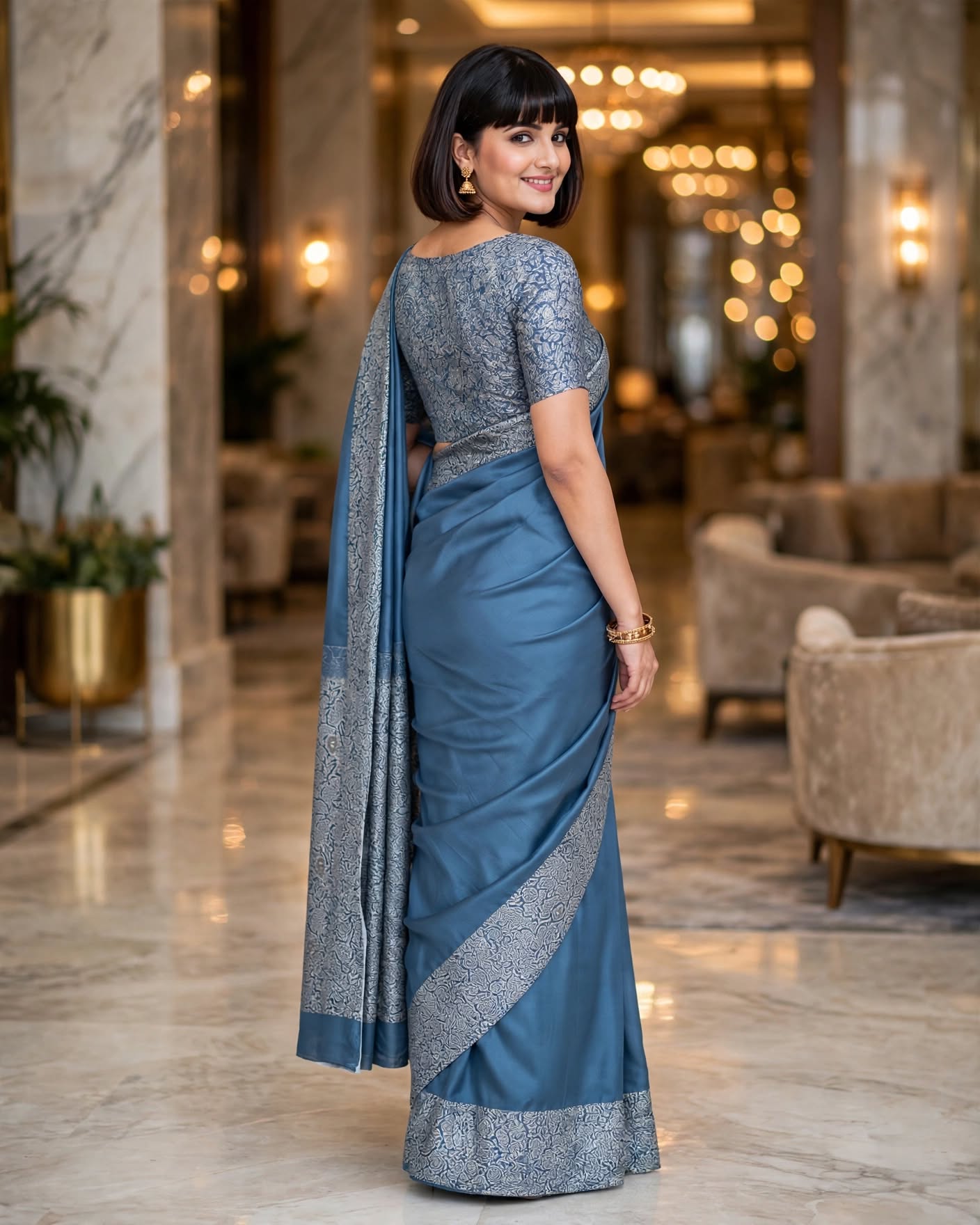 Teal Blue Silk Saree with Intricate Grey Zari Border and Pallu