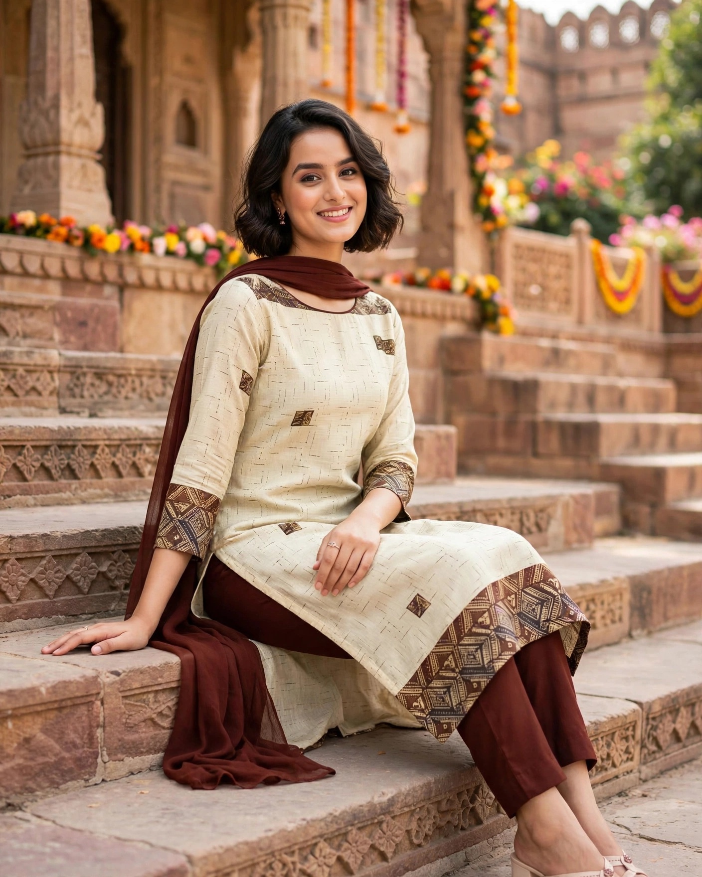 Unstitched Cotton Linen Salwar Kameez Set with Brown Block Print Border and Dupatta- Dress Material