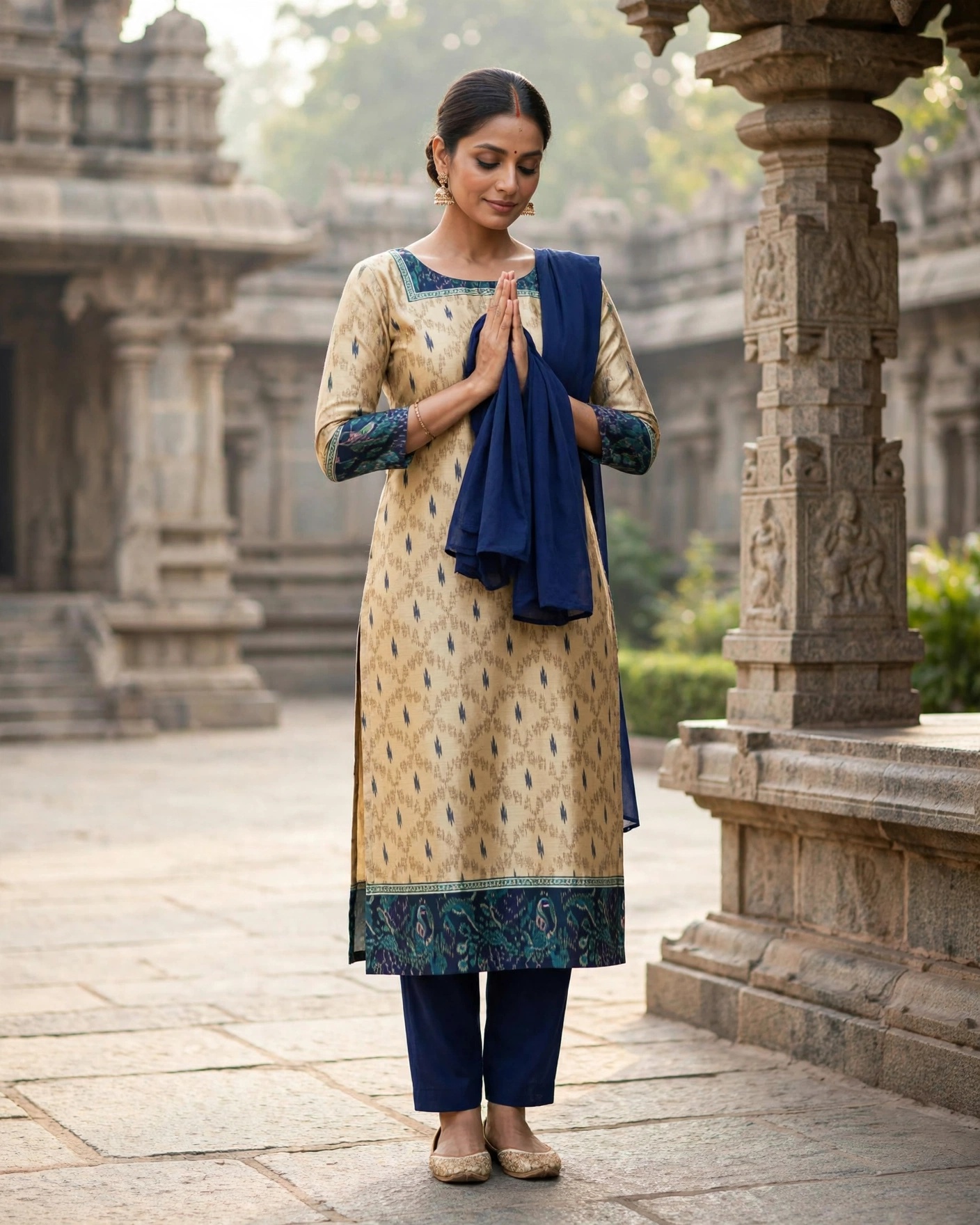 Beige & Navy Blue Hand-Embroidered Cotton Unstitched Salwar Kameez Suit with Dupatta- Dress Material