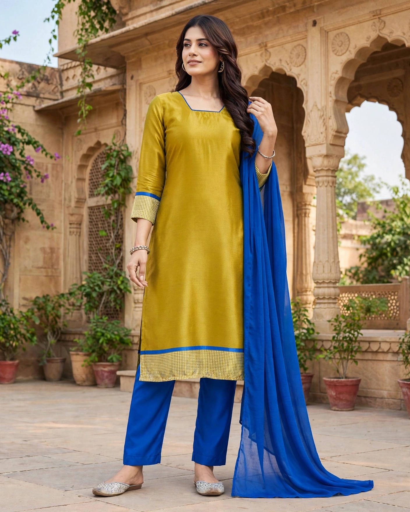 Mustard Yellow & Royal Blue Unstitched Salwar Kameez Suit with Checkered Border & Dupatta-Dress Material