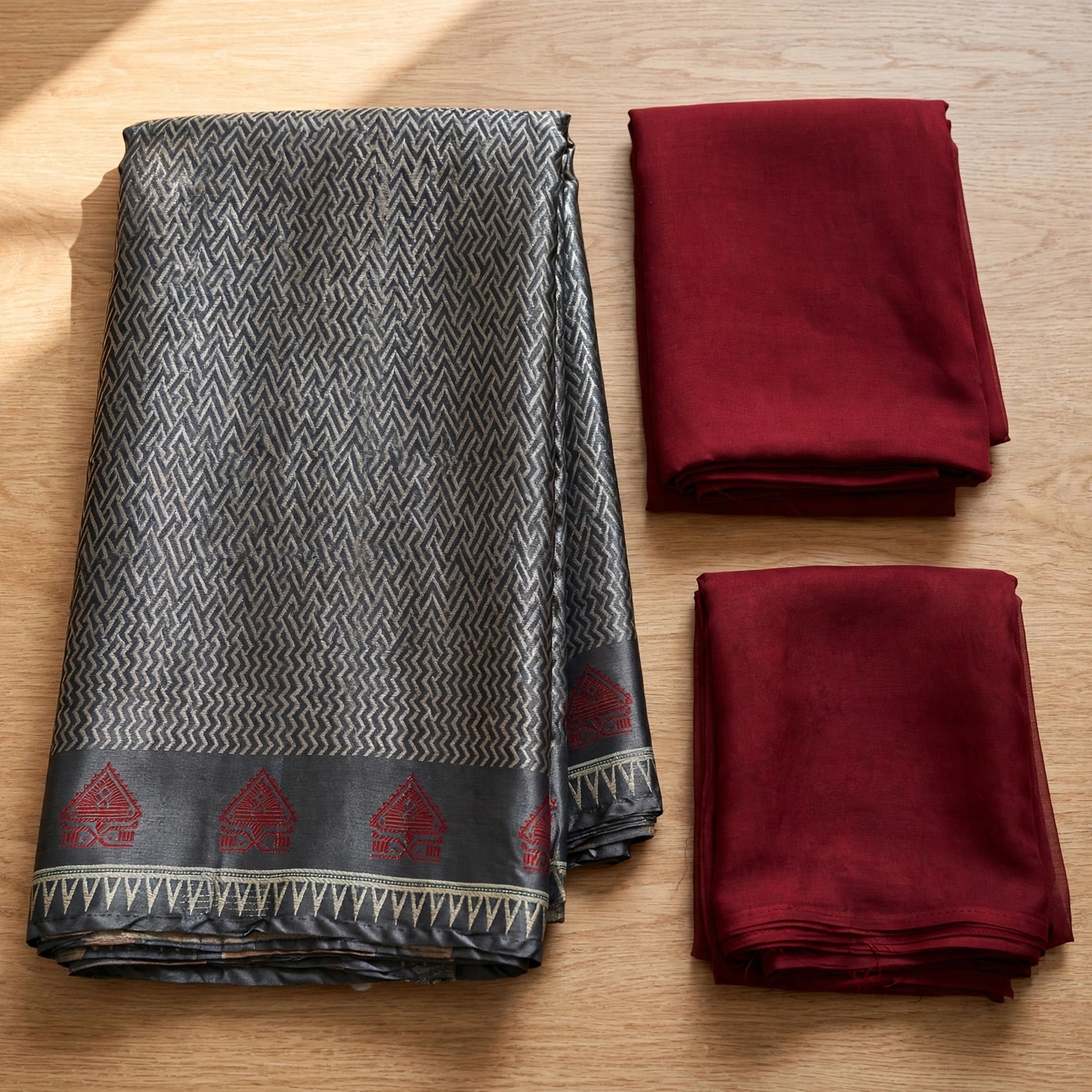 Unstitched Black & Maroon Tussar Silk Salwar Kameez Suit with Tribal Motif Dupatta-Dress Material