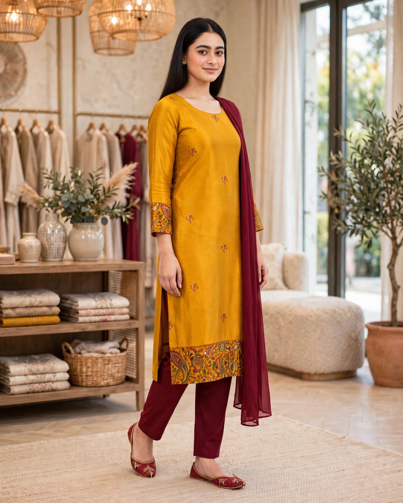 Mustard Yellow & Maroon Cotton Silk Unstitched Salwar Kameez Suit with Digital Print & Embroidery-Dress Material