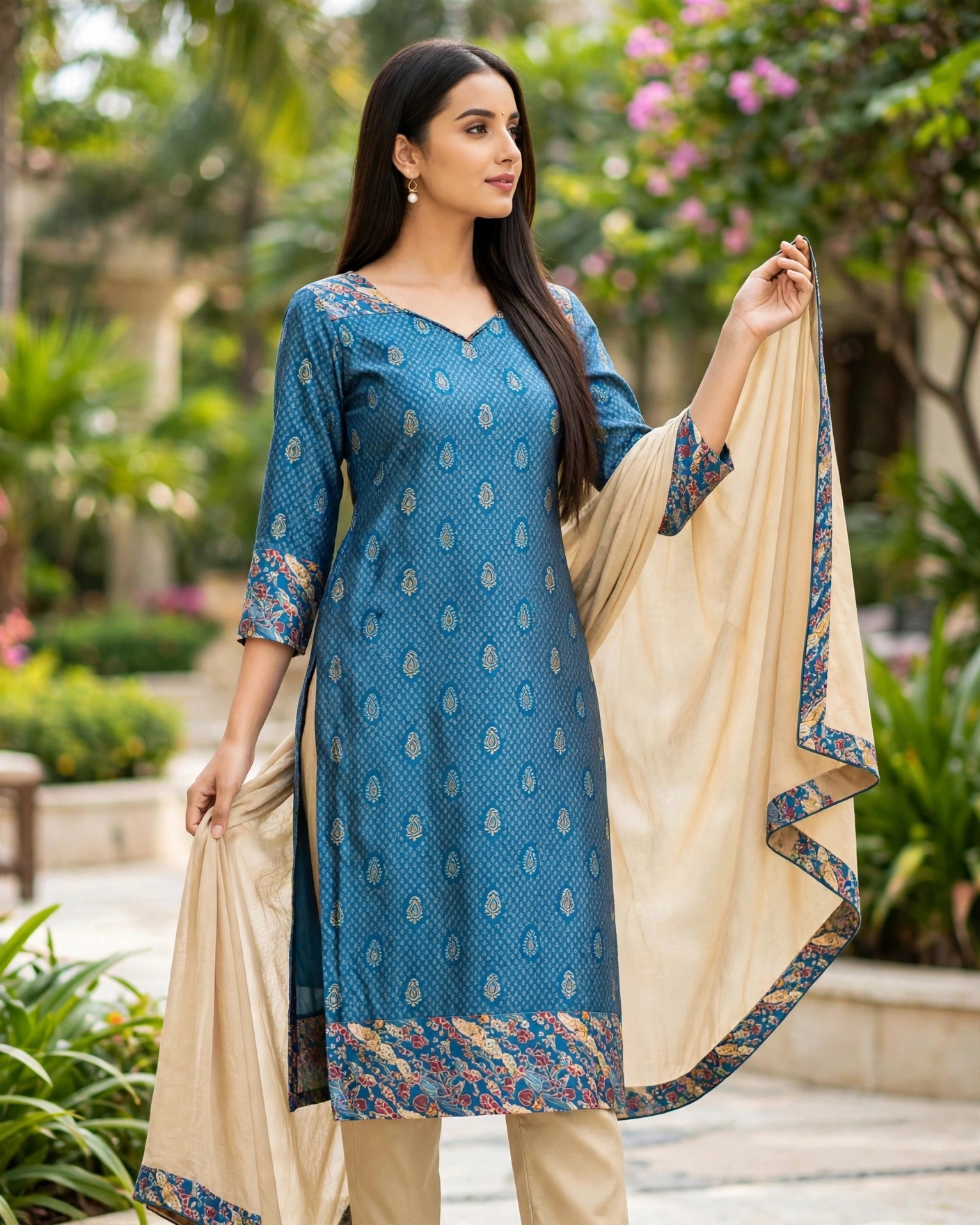 Blue Cotton Printed Unstitched Salwar Kameez Suit with Floral Dupatta- Dress Material
