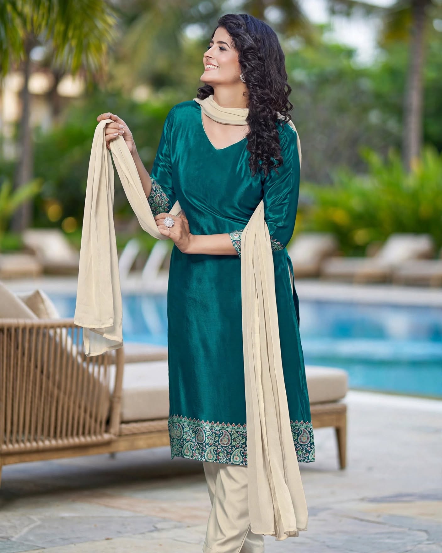 Emerald Green Silk Blend Unstitched Salwar Kameez with Beige Dupatta & Embroidered Hem-Dress Material