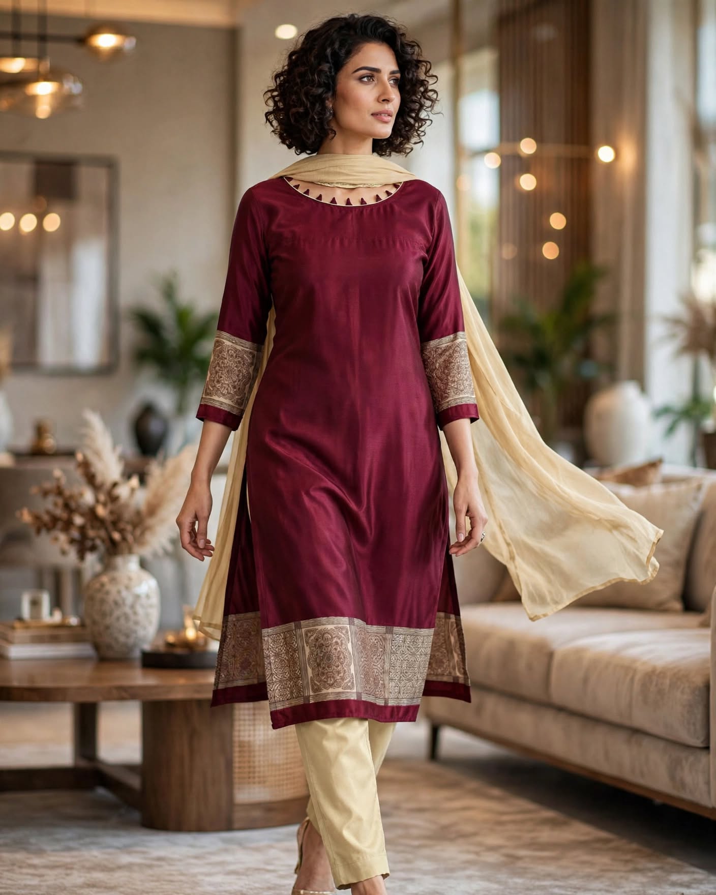 Unstitched Maroon Silk Salwar Kameez with Beige Embroidered Dupatta & Bottom-Dress Material
