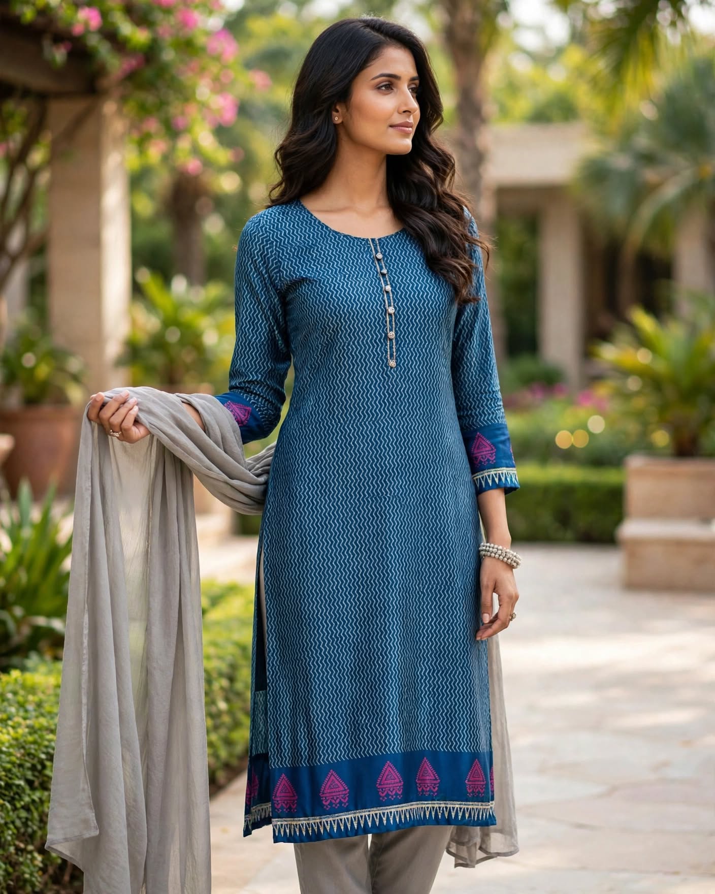 Blue Cotton Printed Unstitched Salwar Kameez Suit with Beige Dupatta