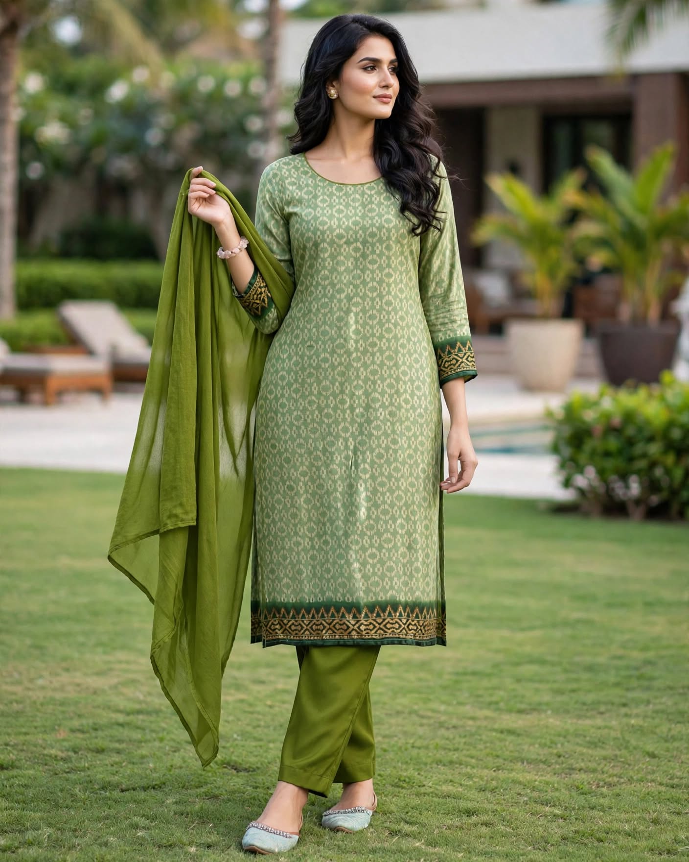 Olive Green Cotton Silk Printed Unstitched Salwar Kameez Suit with Dupatta