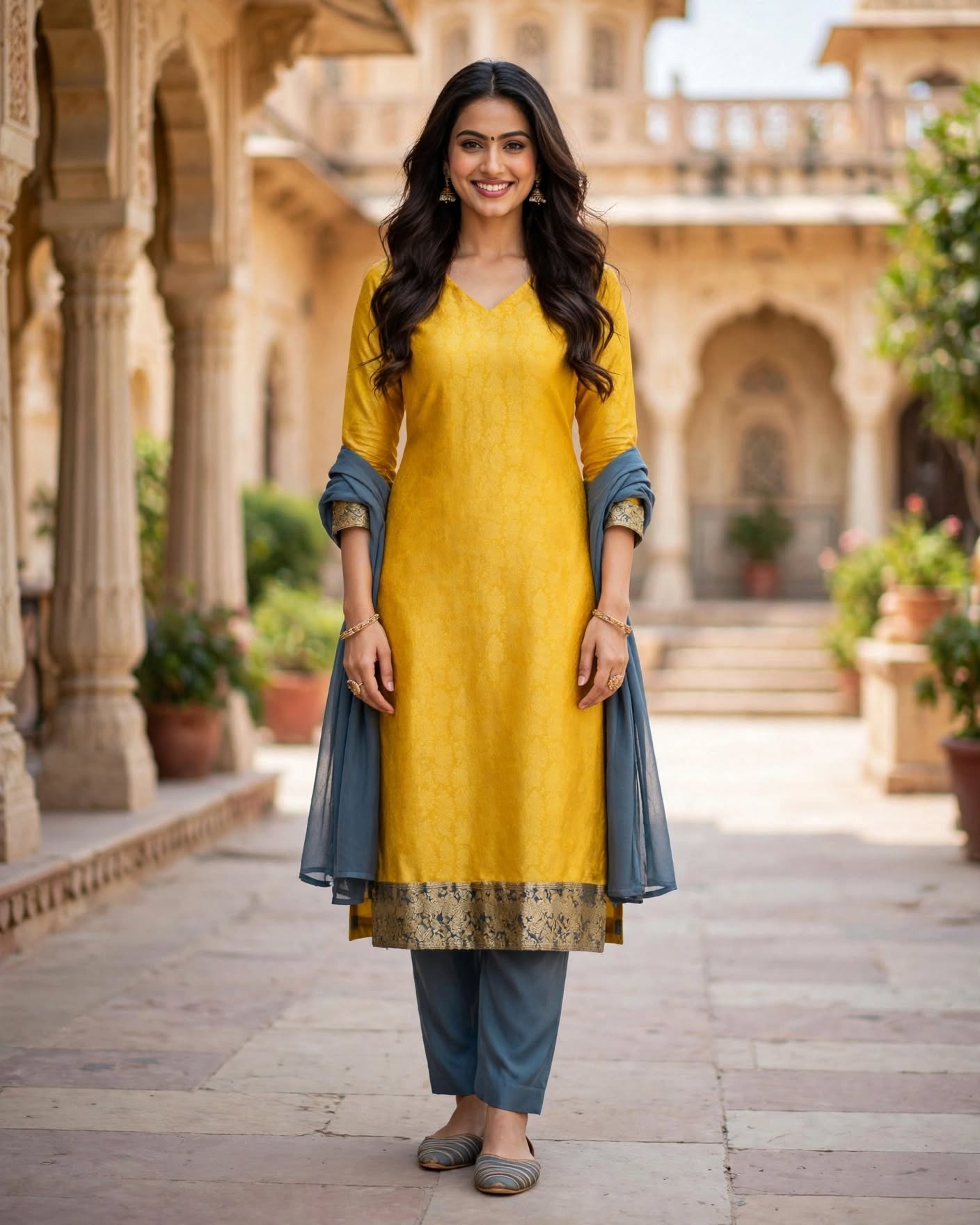 Mustard Yellow & Blue Printed Unstitched Salwar Kameez Suit with Embroidered Dupatta- Dress Material