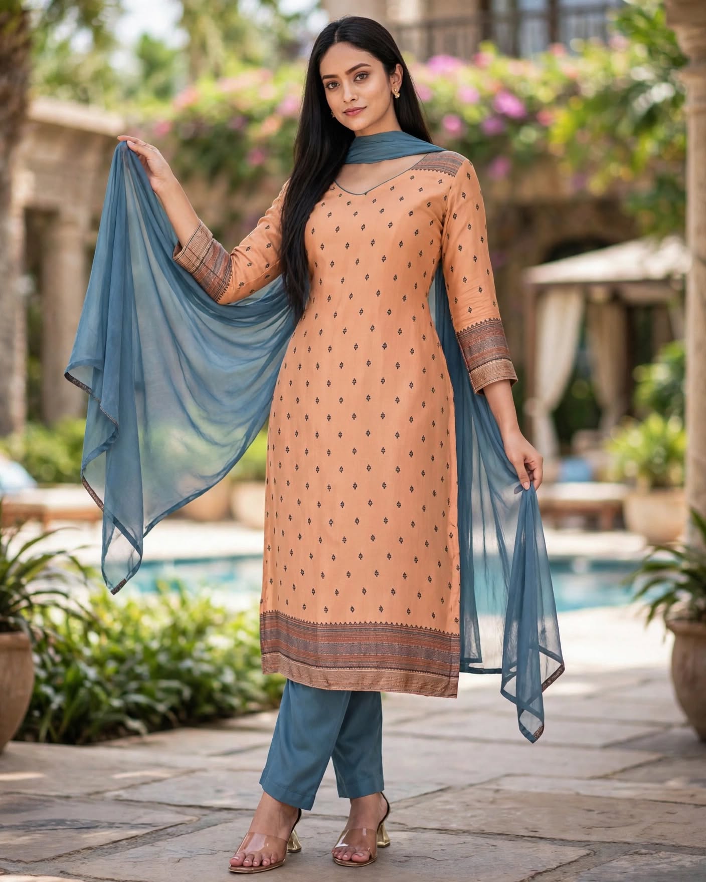 Unstitched Peach Cotton Salwar Kameez Set with Blue Chanderi Dupatta & Block Print- Dress Material