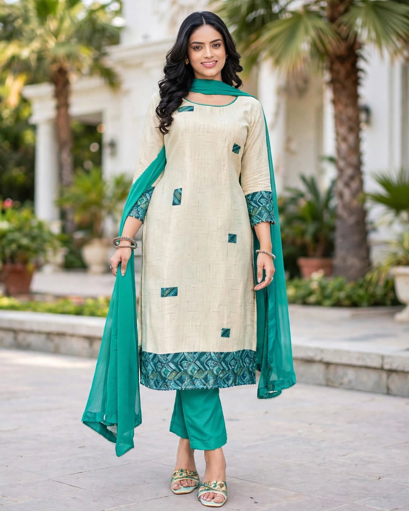 Unstitched Cream Linen Salwar Kameez with Green Printed Dupatta- Dress Material