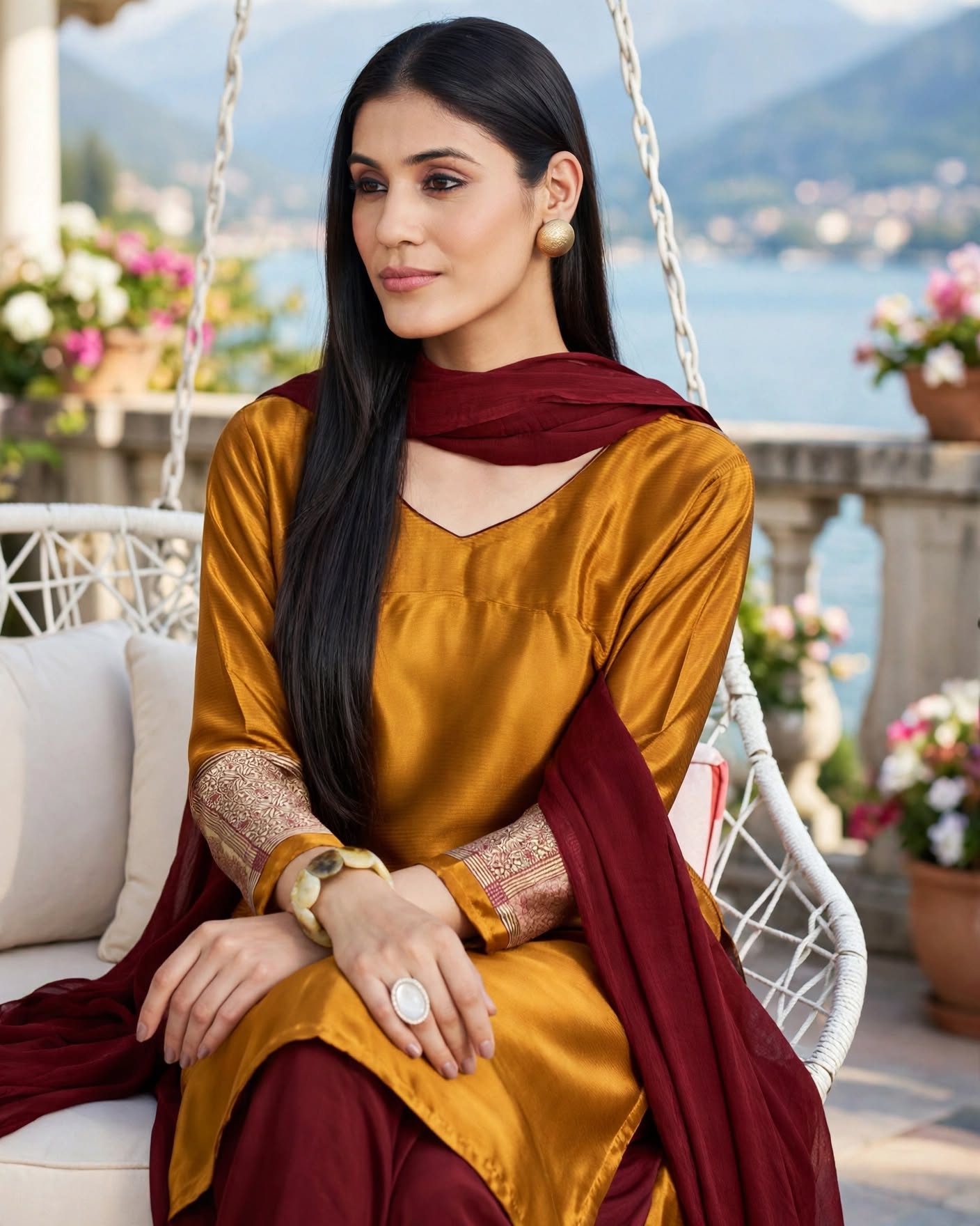 Mustard Yellow & Maroon Silk Blend Unstitched Salwar Kameez with Embroidered Sleeves and Dupatta-Dress Material