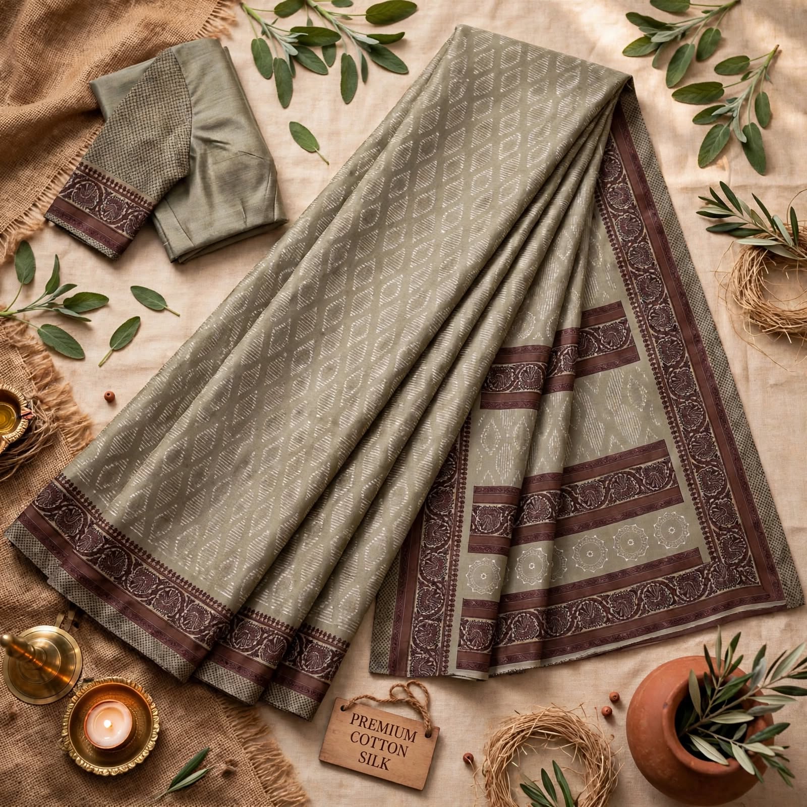 Classic Beige and Brown Printed Traditional Saree