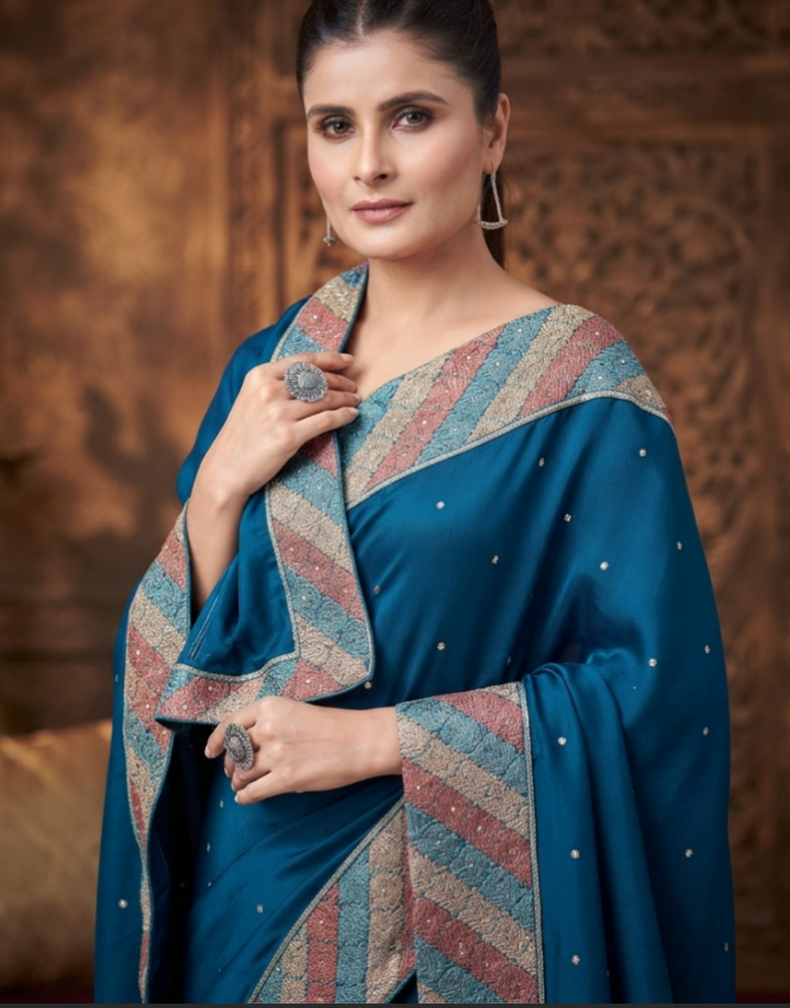 Regal Blue Multi-Striped Border Designer Saree