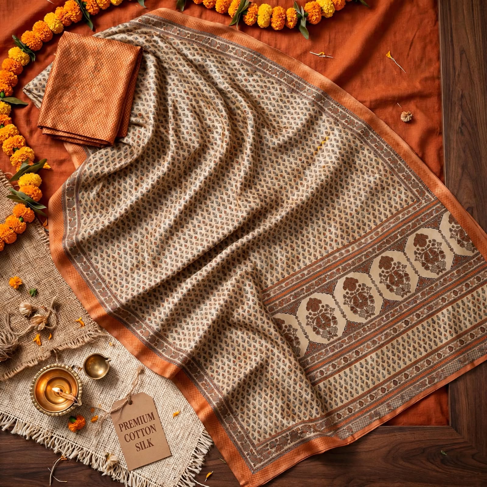 Elegant Mustard & Brown Traditional Printed Daily Wear Saree