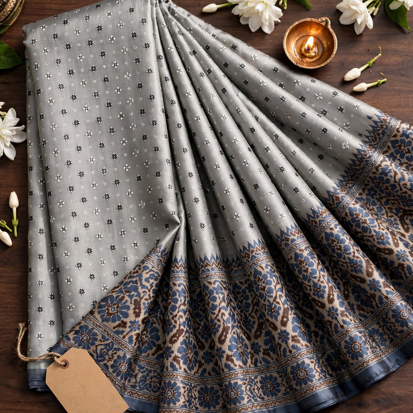 Chic Light Grey & Charcoal Printed Festive Saree