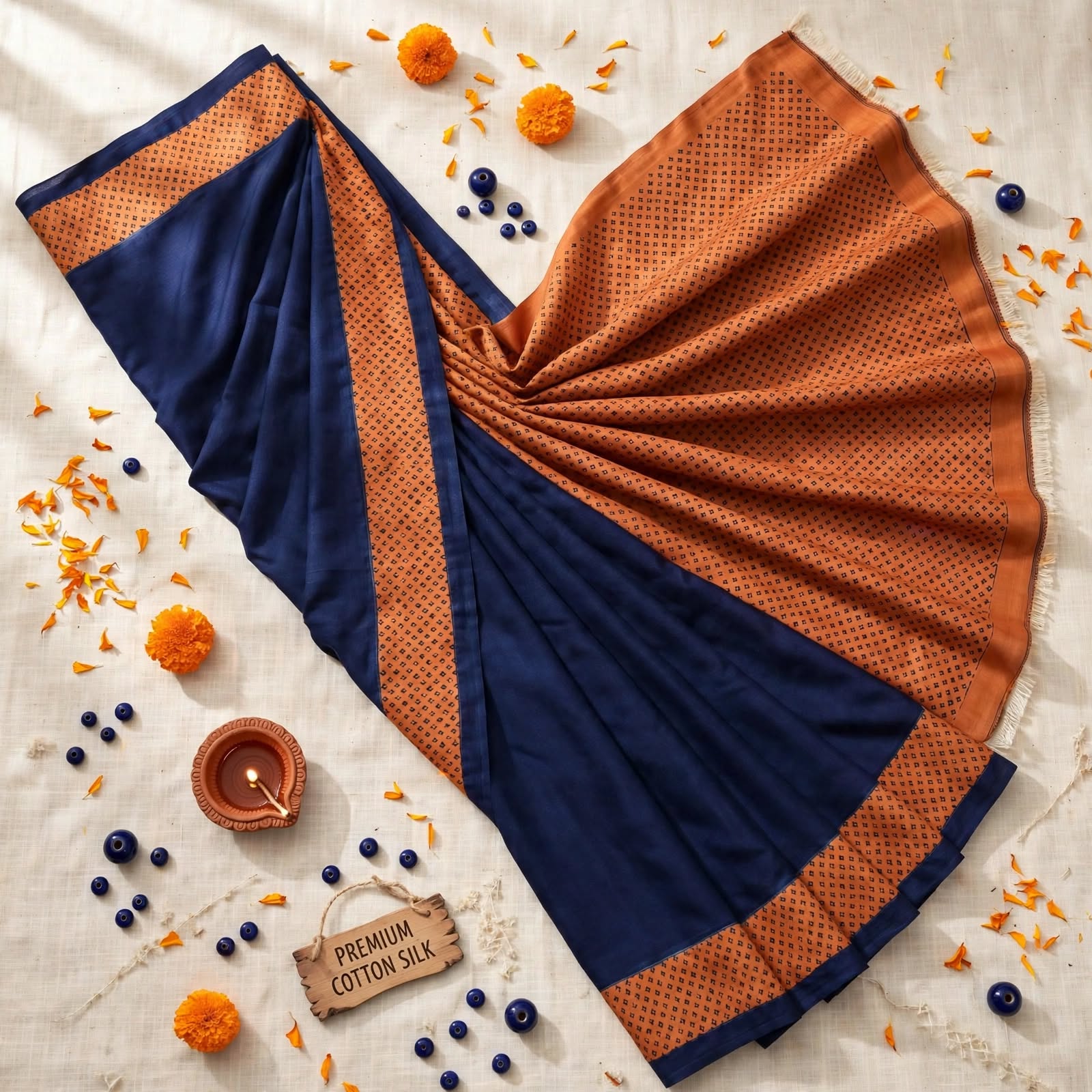 Classic Navy Blue Saree with Orange Contrast Border