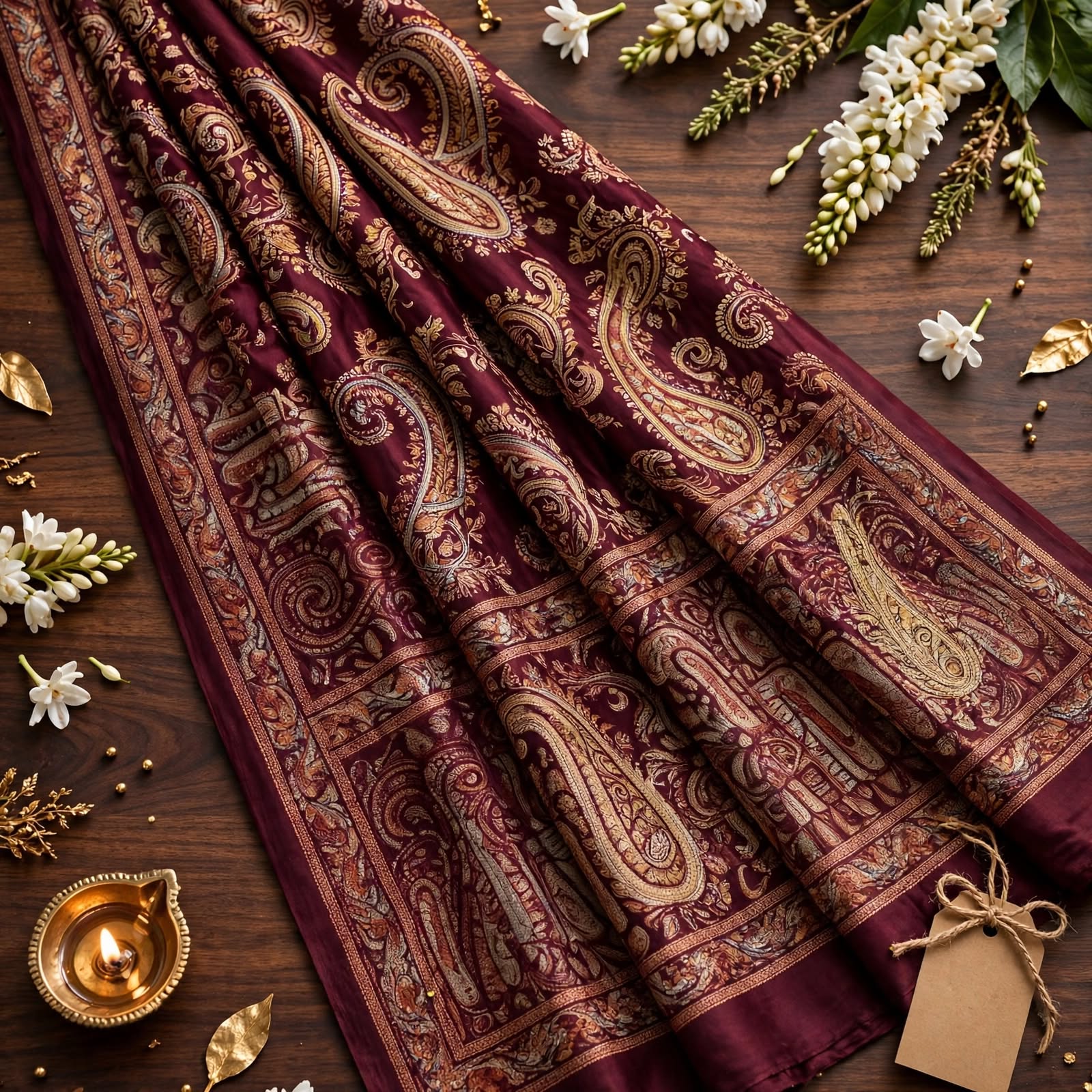Deep Maroon & Red Traditional Paisley Printed Saree