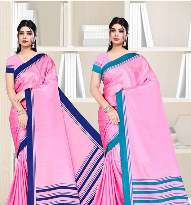 Elegance in Pink: Handloom-Style Silk Saree with Contrast Navy Blue Border
