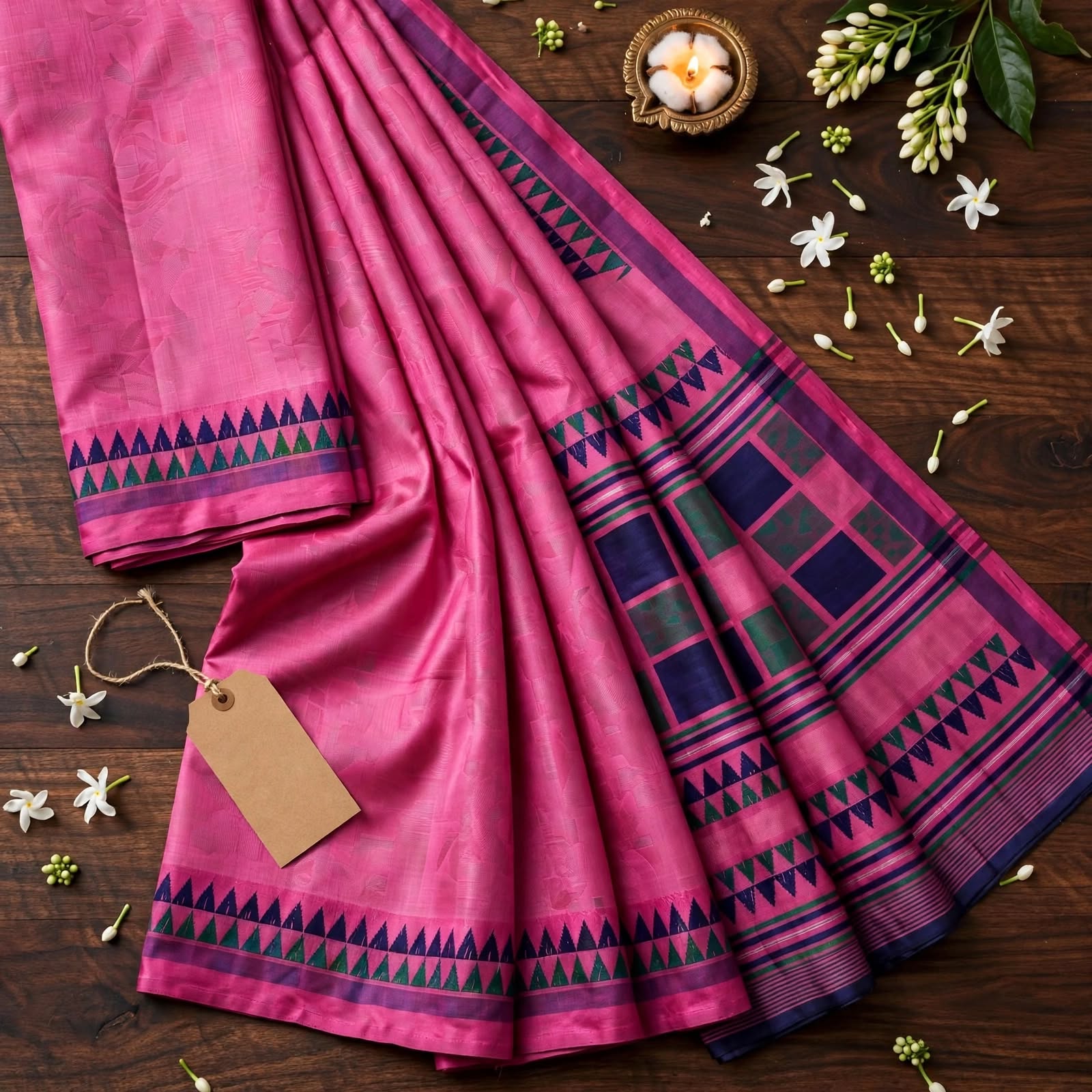 Vibrant Pink Tussar Silk Saree with Geometric Border and Contrast Pallu