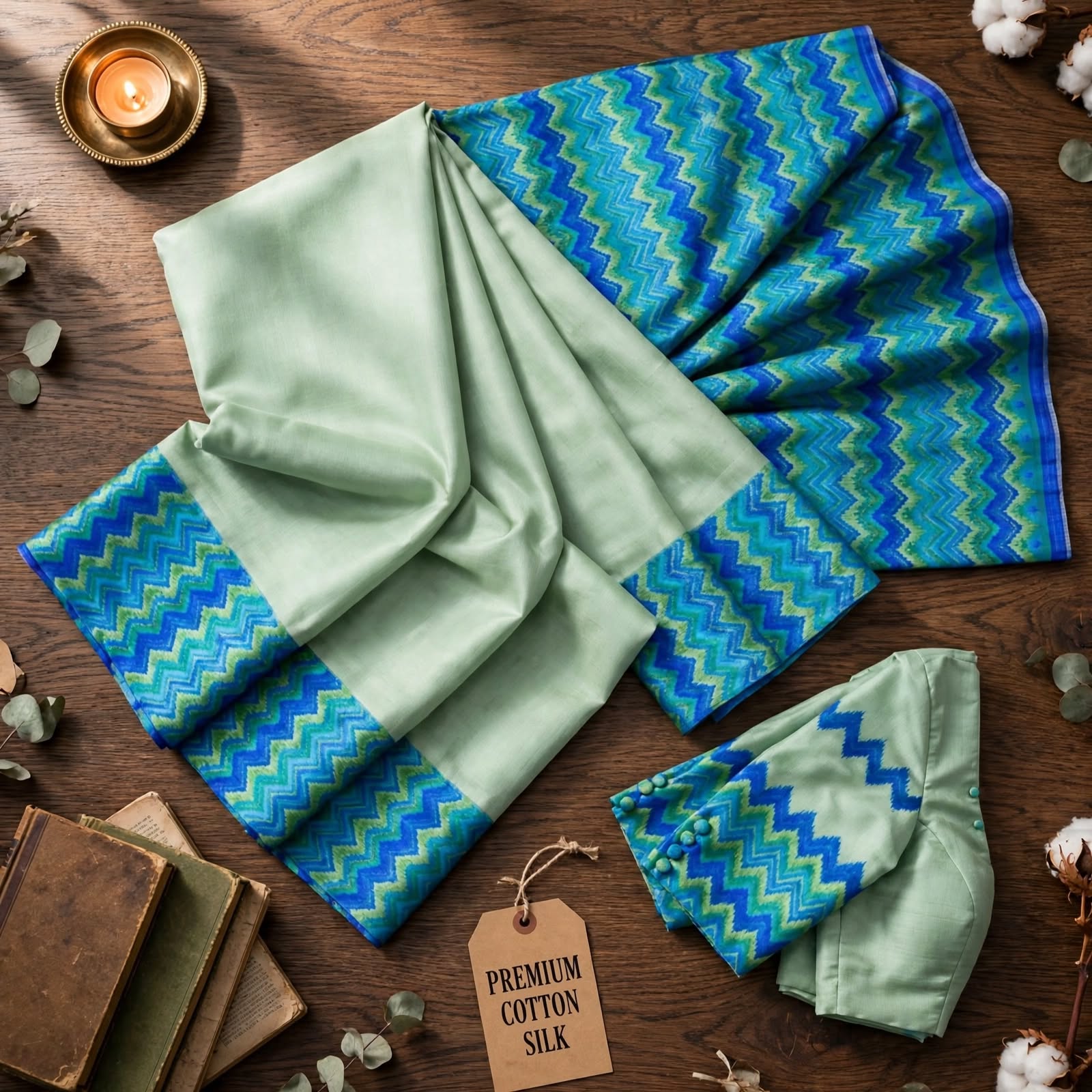 Blue and Green Ikat Pattern Silk Saree with Geometric Weave
