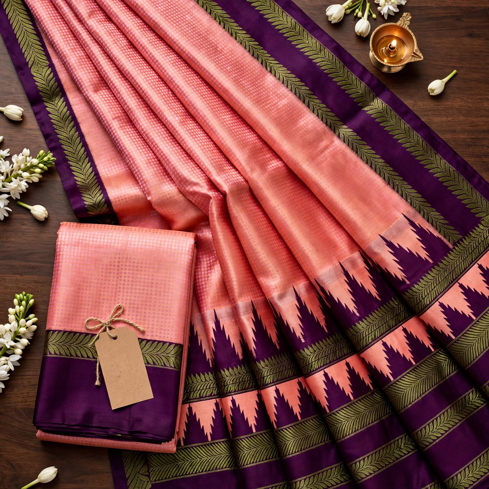Pink and Purple Checkered Silk Saree with Geometric Border