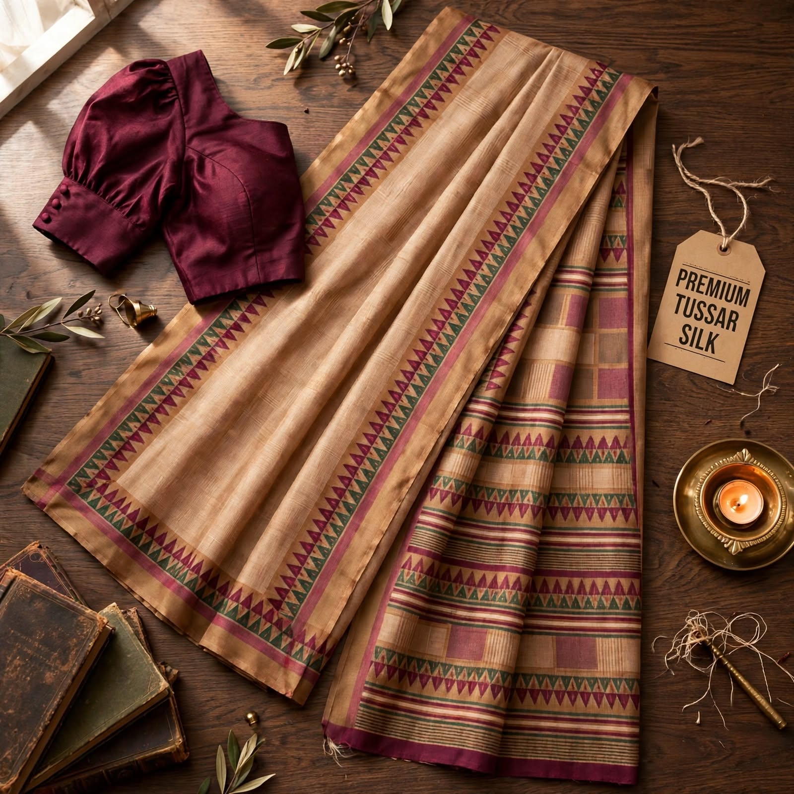 Mustard Yellow Silk Saree with Maroon and Green Geometric Border