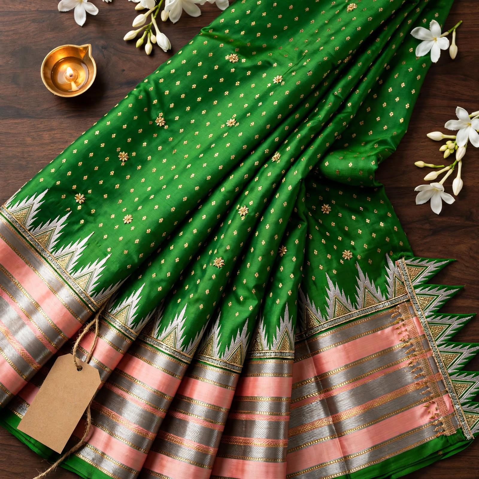 Elegant Green Ikat Silk Saree with Multi-Color Border and Zari Accents