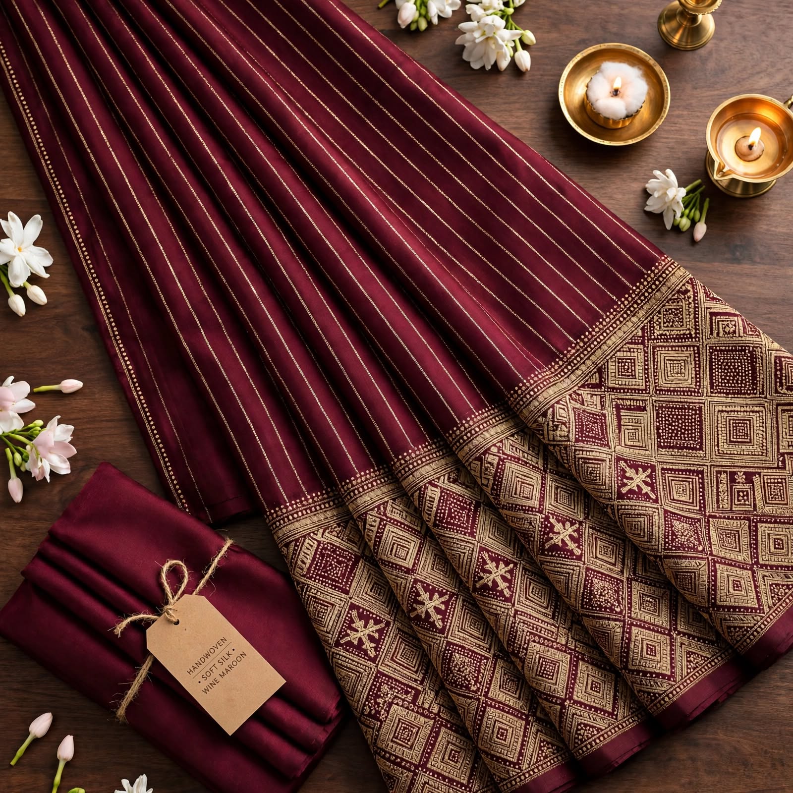 Maroon Geometric Banarasi Silk Saree with Intricate Zari Border
