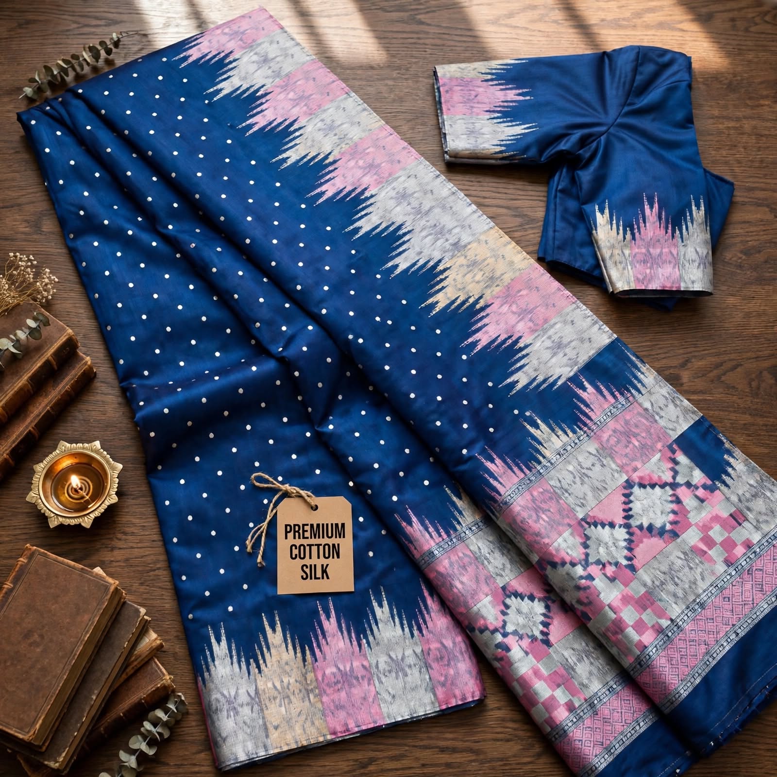 Royal Blue Ikat Silk Saree with Pink & Silver Geometric Pallu