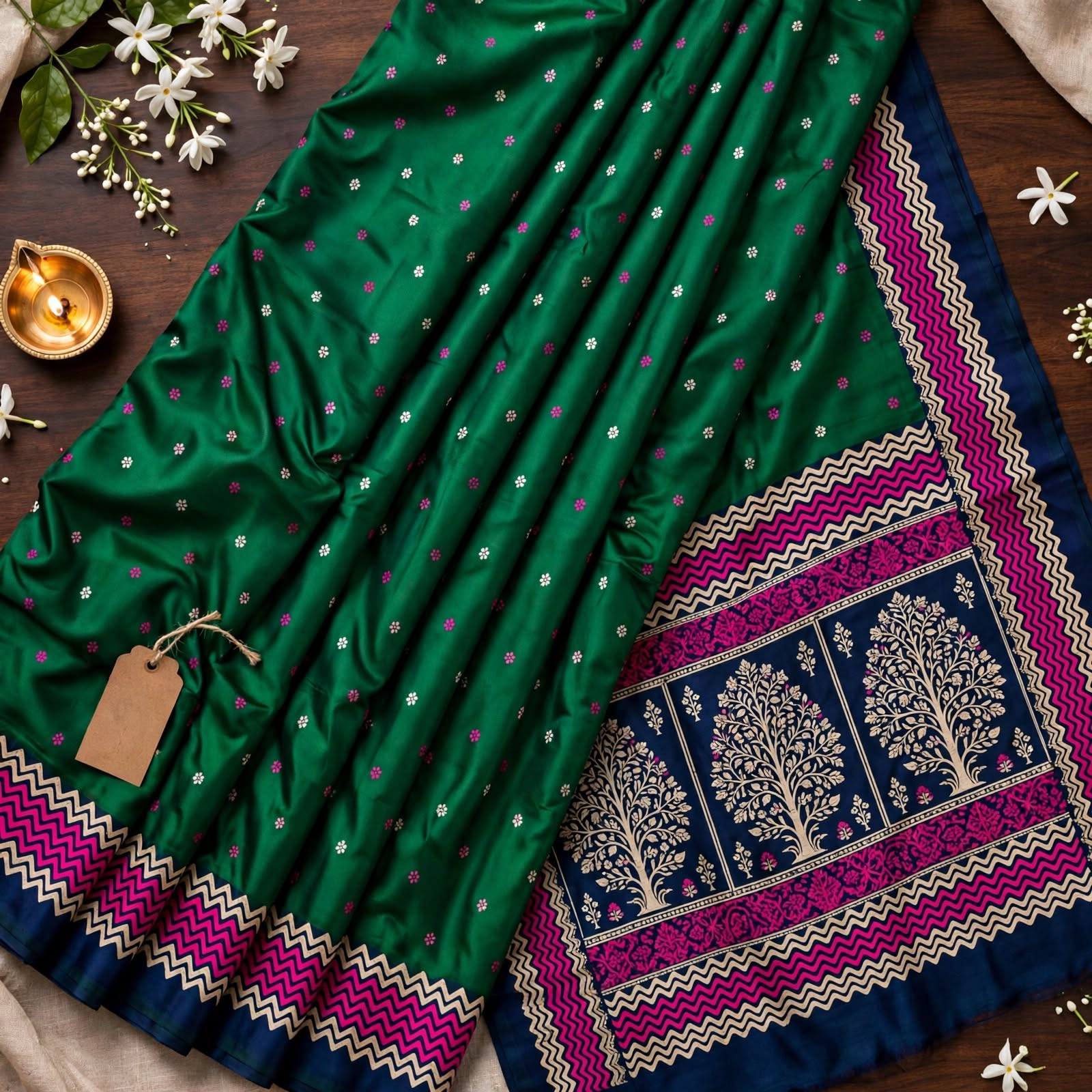 Emerald Green Silk Saree with Navy Blue Border and Gold Zari Motifs