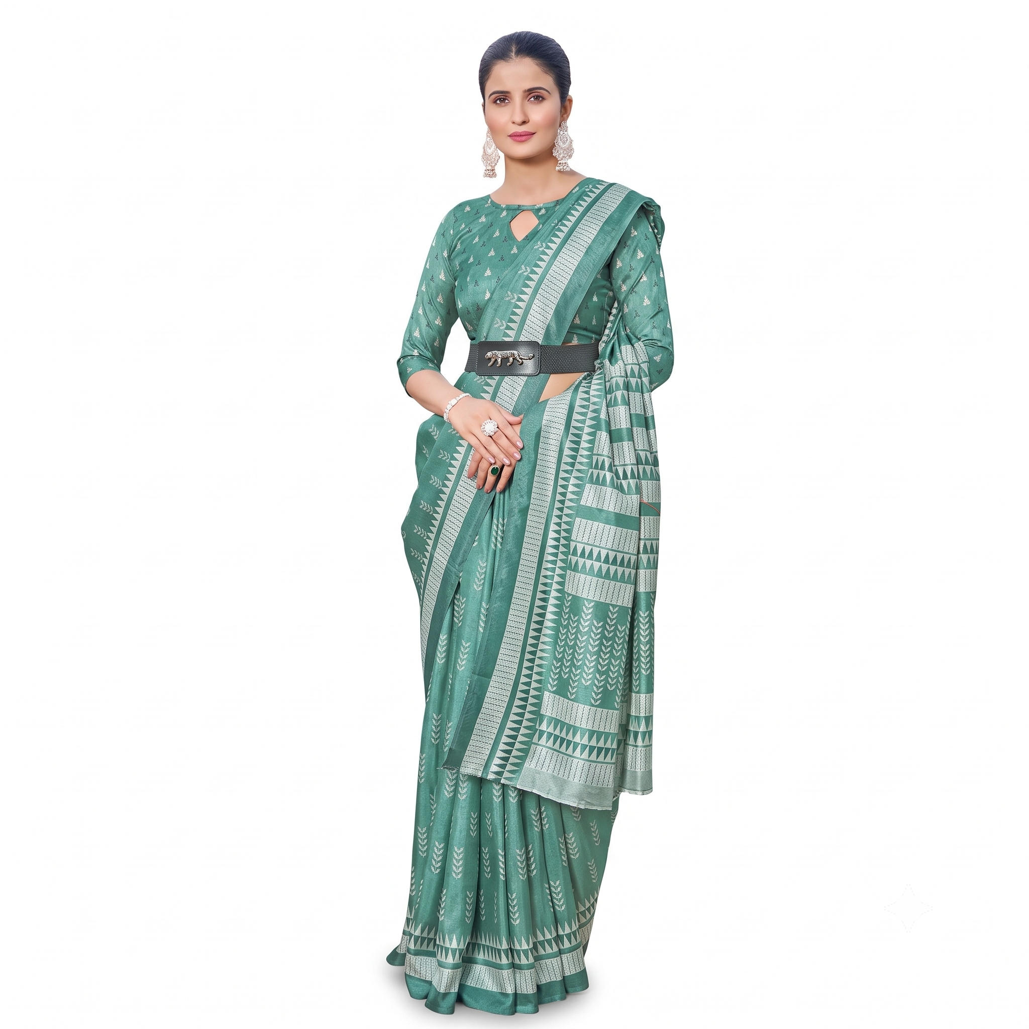 Emerald Green Banarasi Silk Saree with Geometric White Zari Border and Pallu