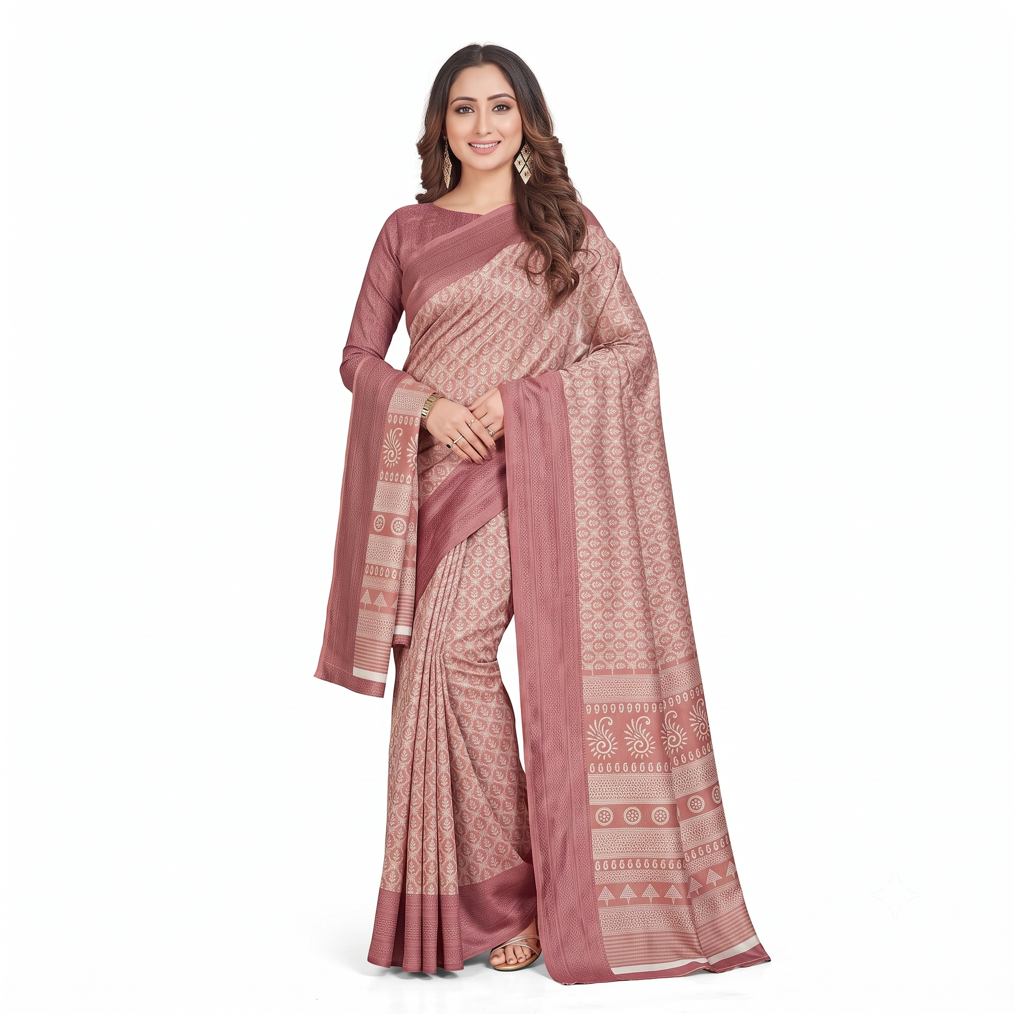 Dusty Rose Handloom Cotton Saree with Traditional Block Print Border