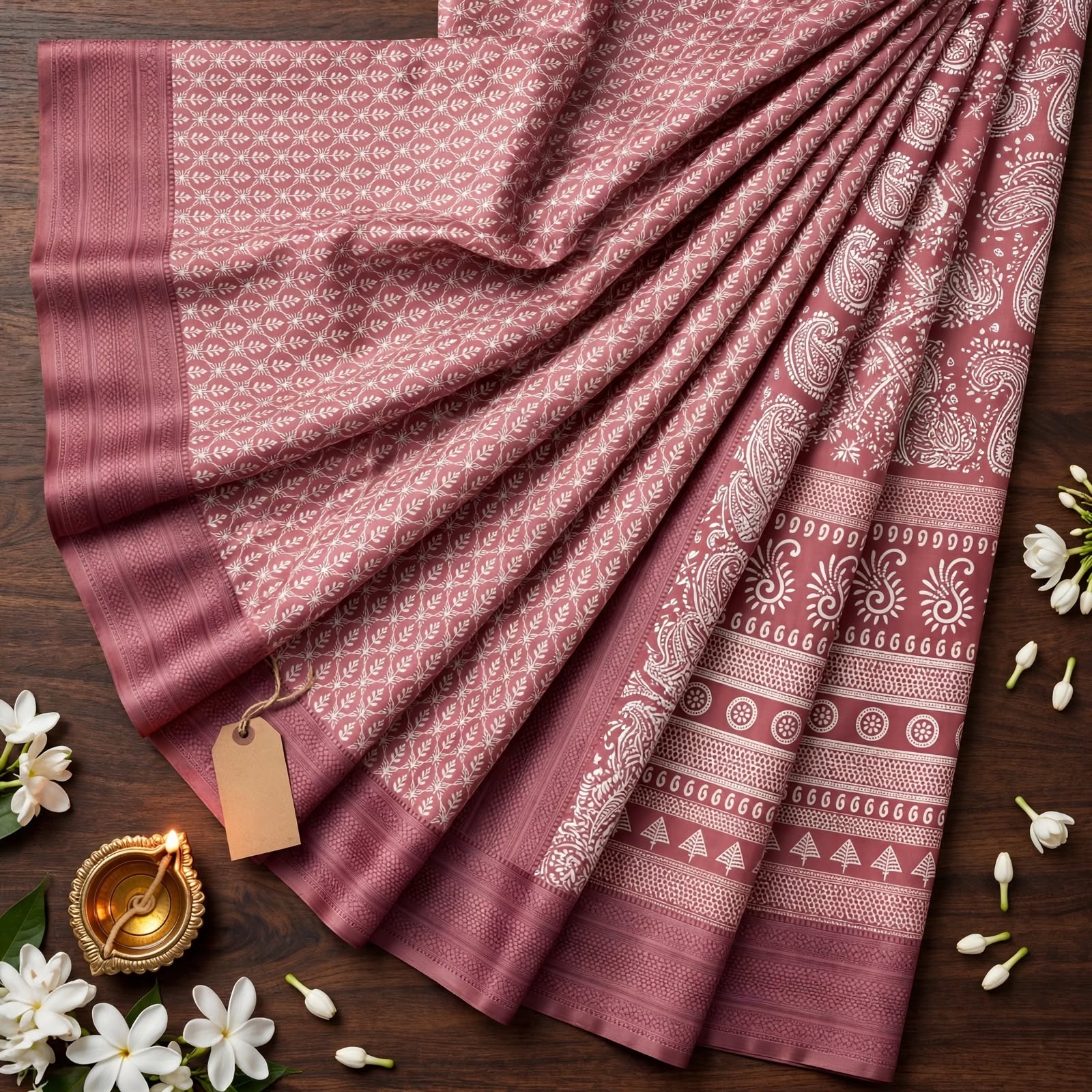 Dusty Rose Handloom Cotton Saree with Traditional Block Print Border