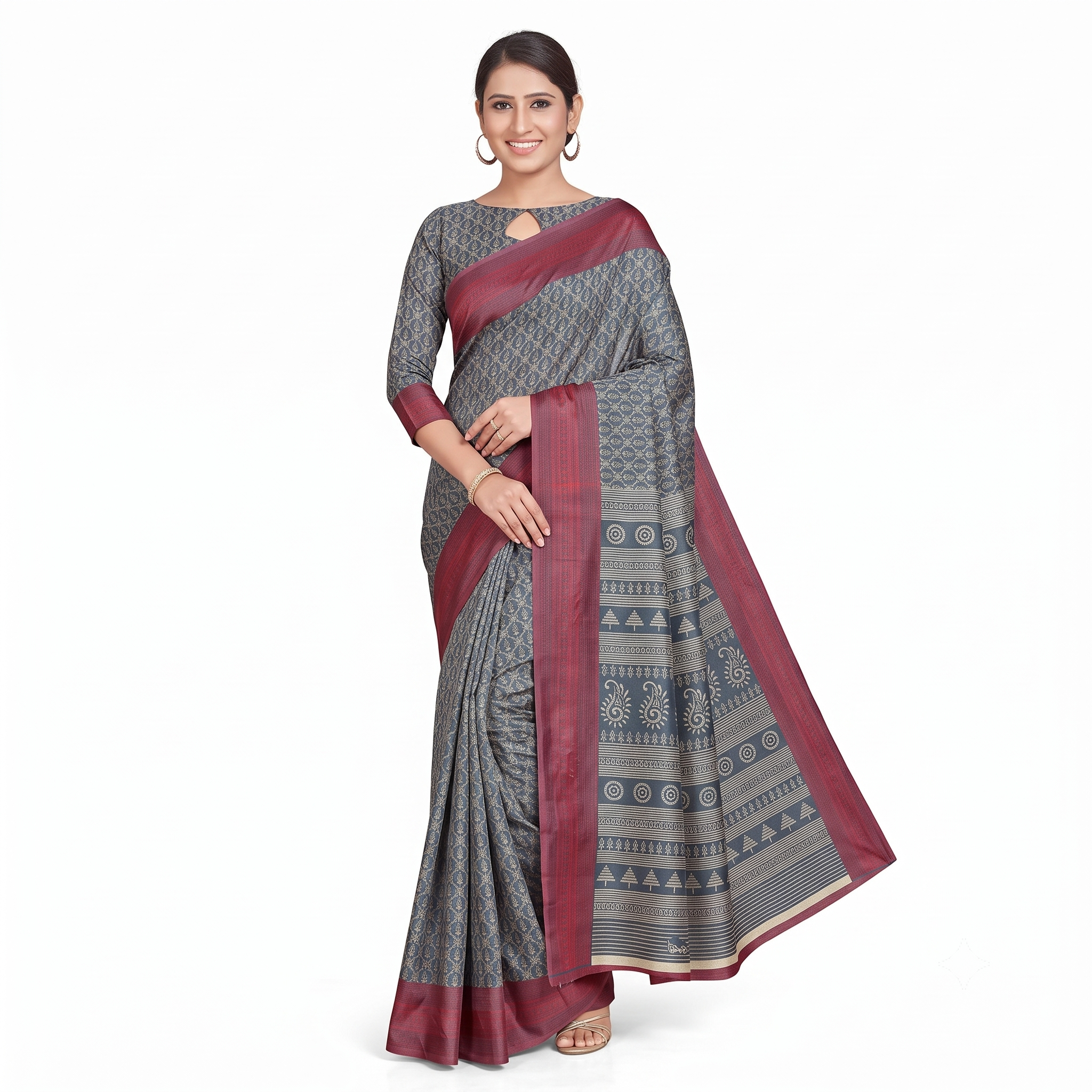 Grey & Maroon Handloom Cotton Silk Saree with Geometric Pallu