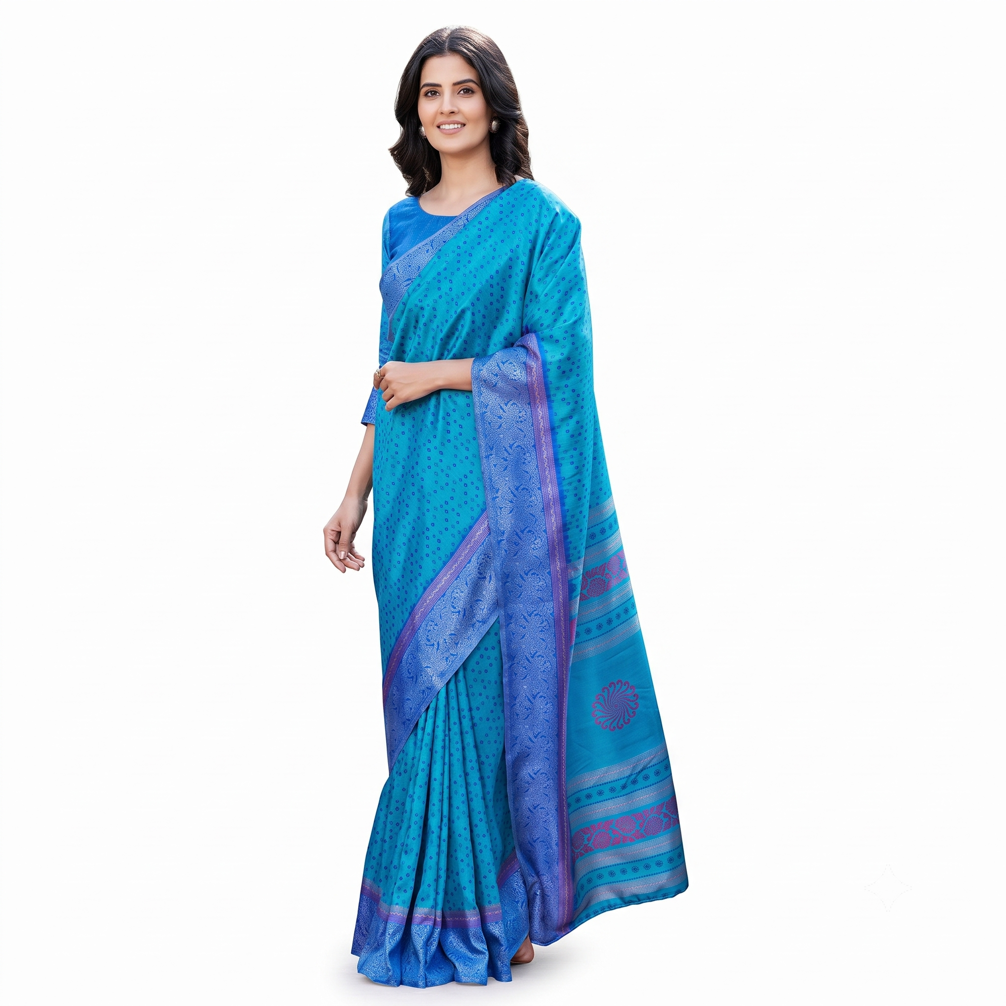 Teal Blue Silk Blend Saree with Purple Zari Border and Floral Motifs