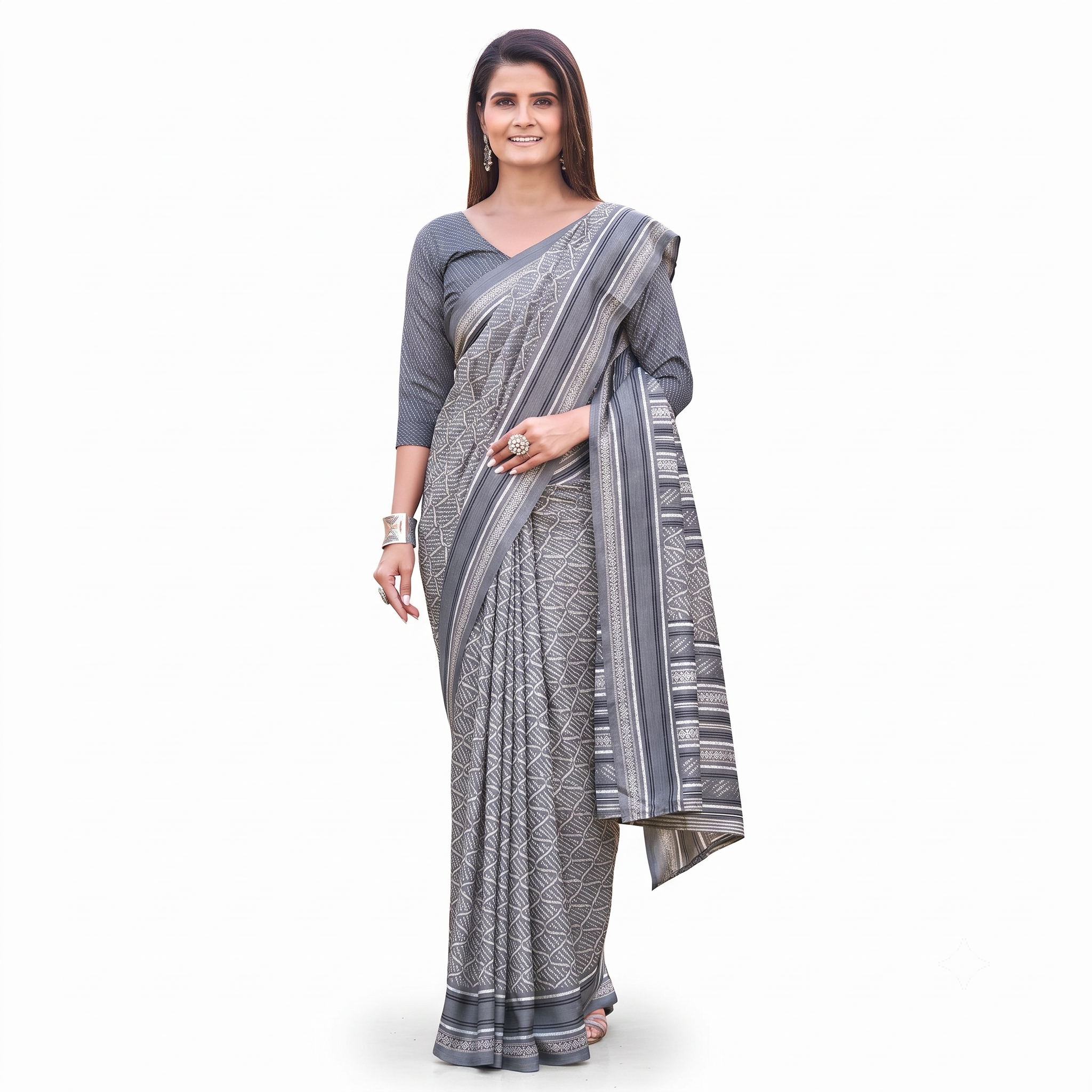 Elegant Grey Geometric Print Cotton Silk Saree with Contrast Border