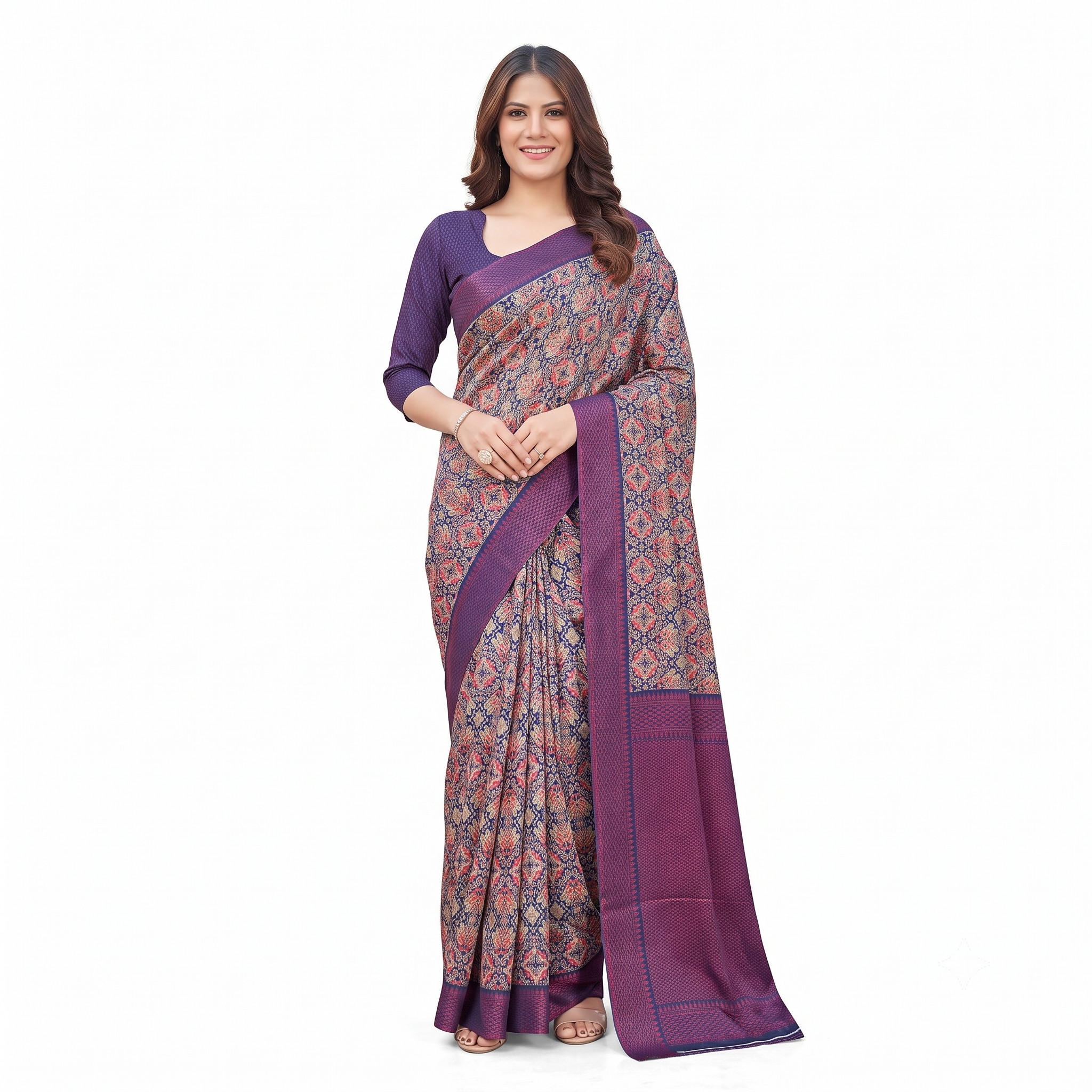 Purple & Blue Floral Jacquard Cotton Silk Saree with Contrast Border