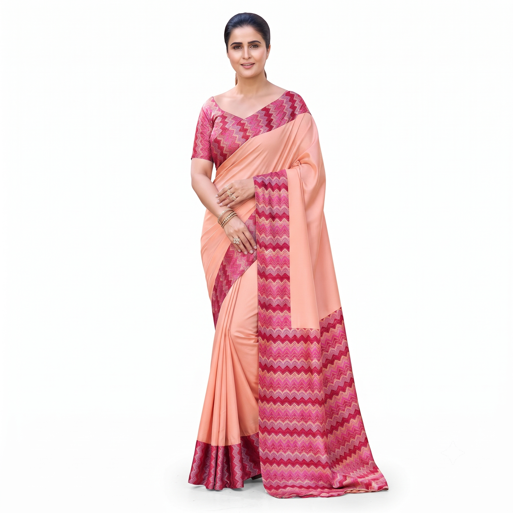 Peach & Maroon Geometric Chevron Print Silk Saree