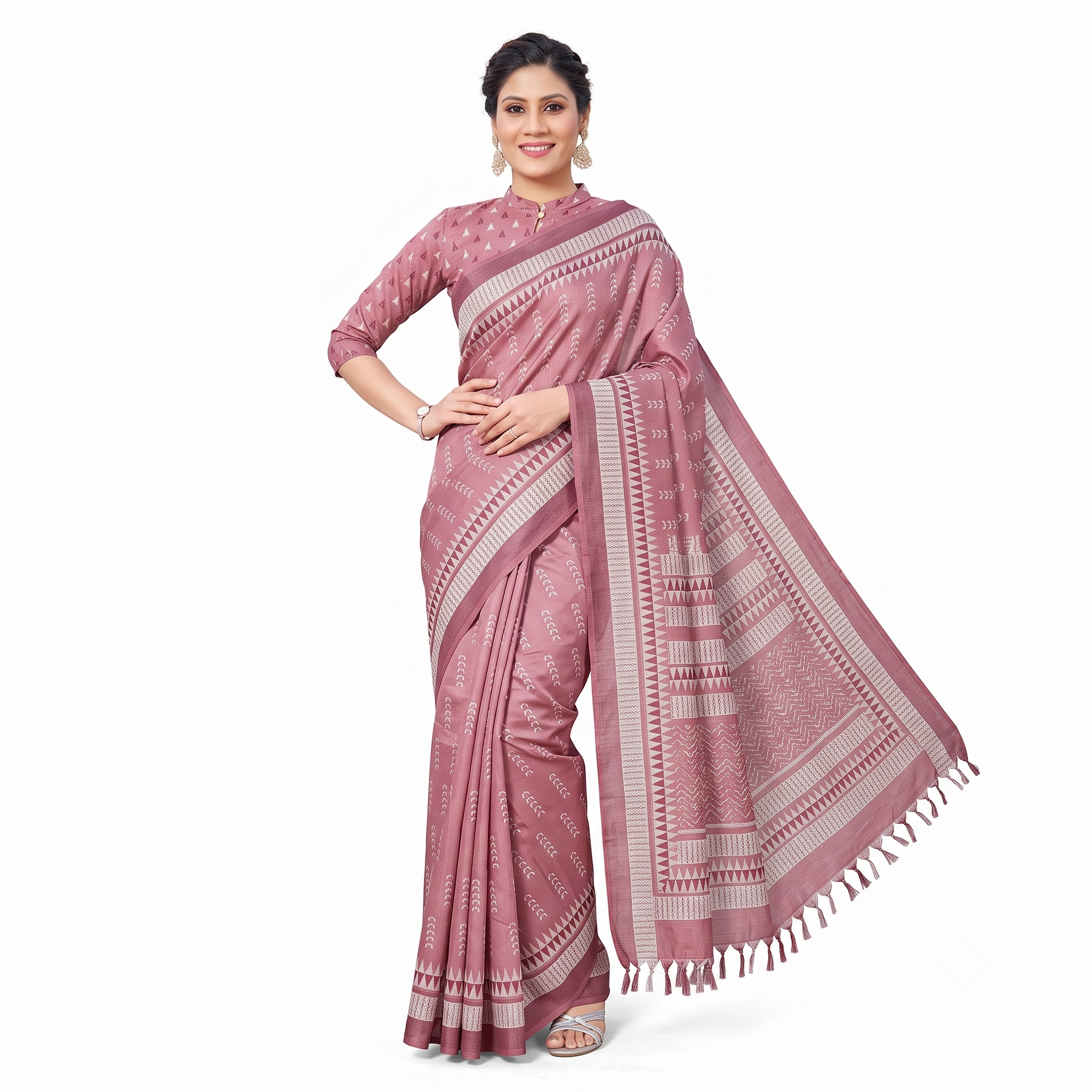 Dusty Rose Tussar Silk Saree with White Ikat Motifs & Tassel Pallu