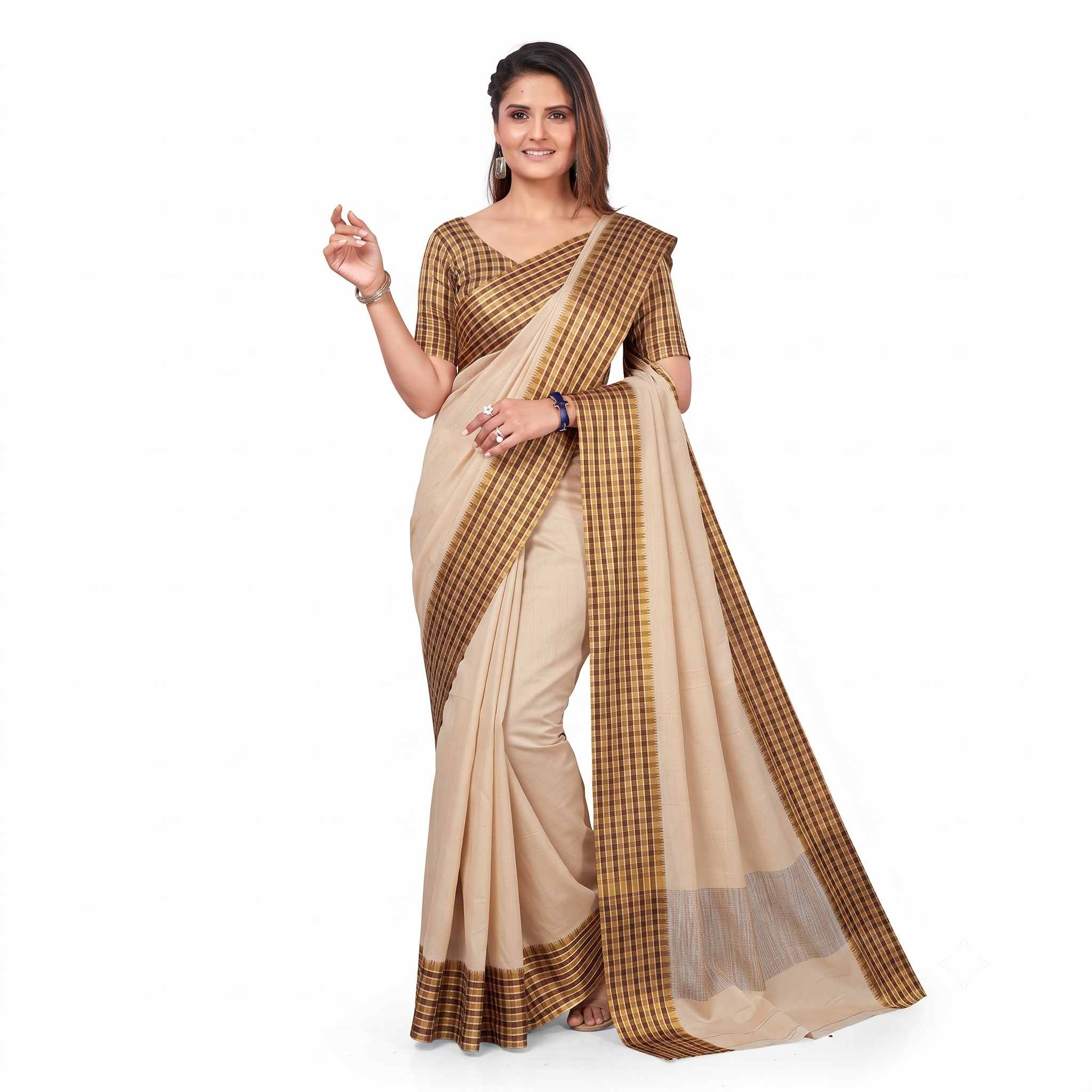 Beige and Brown Checkered Cotton Silk Saree with Traditional Border