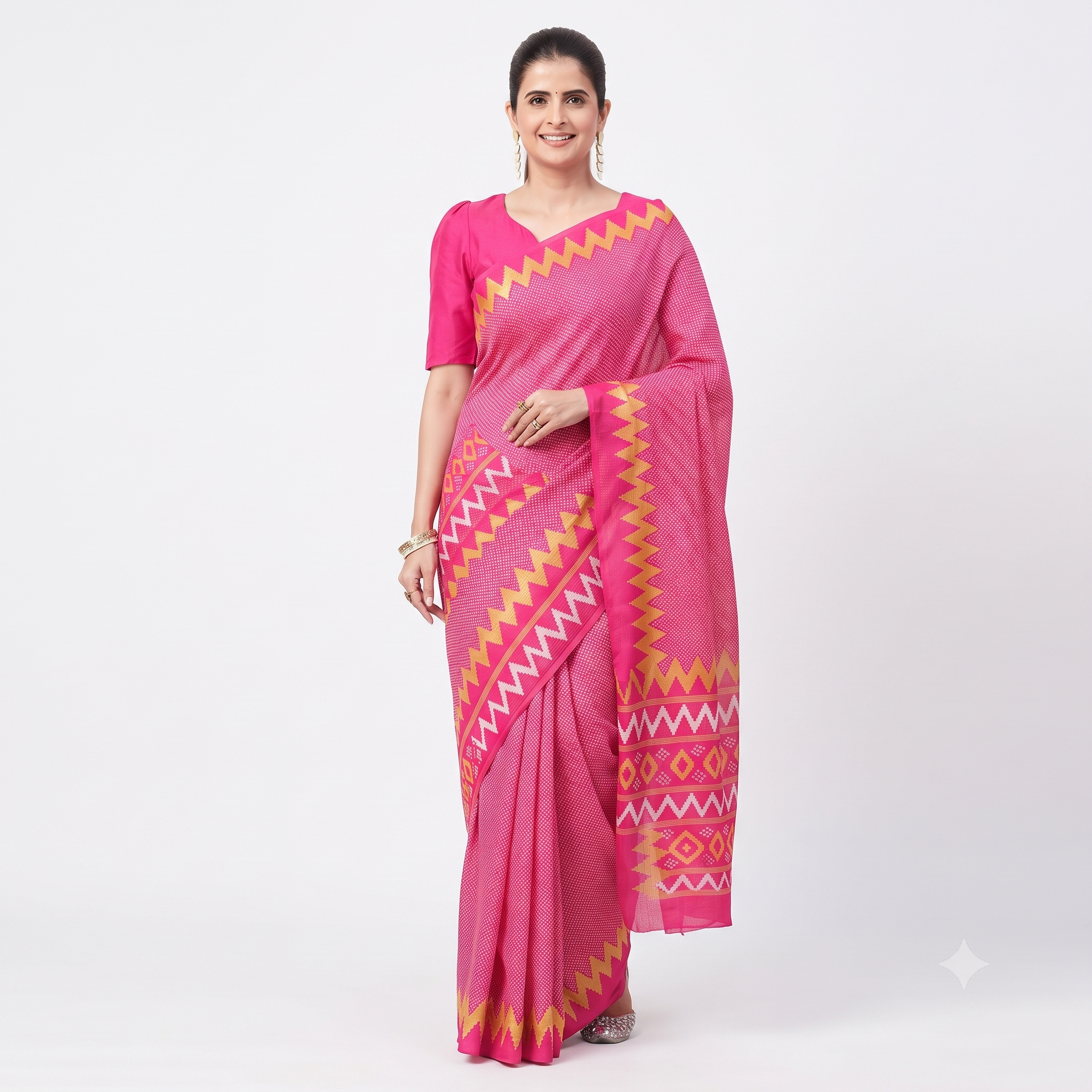 Vibrant Pink Tussar Silk Saree with Gold and White Ikat Zigzag Border