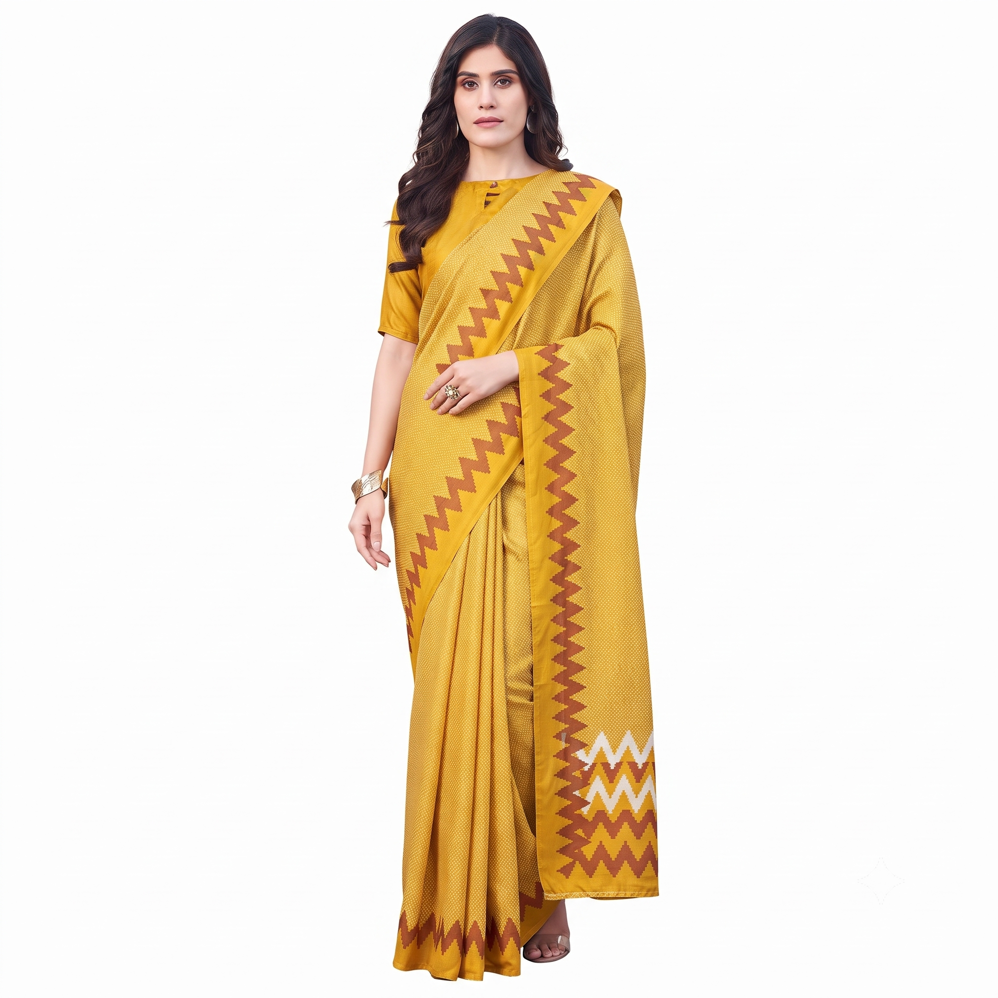 Mustard Yellow Tussar Silk Saree with Brown & White Ikat Zigzag Border