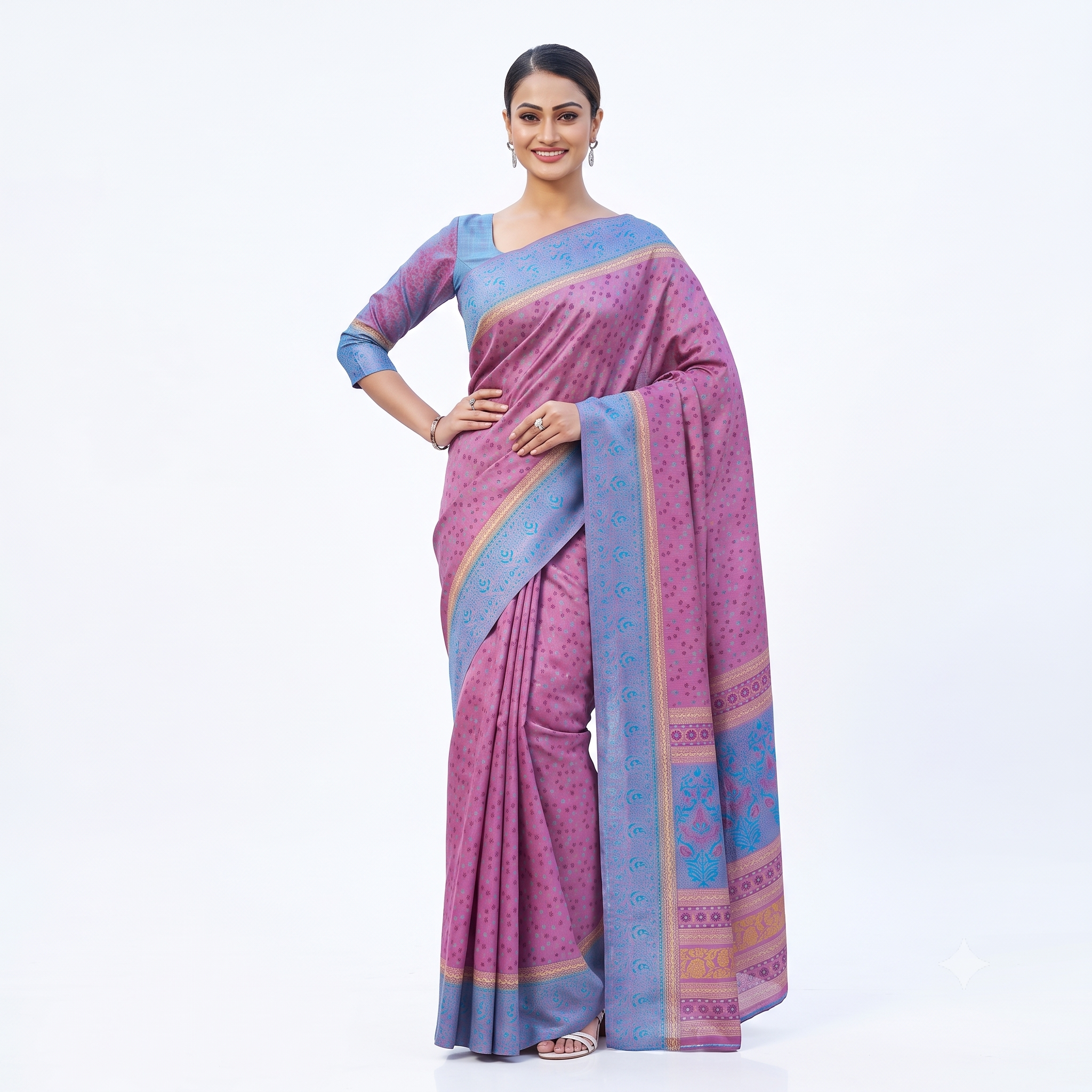 Purple & Blue Chanderi Silk Saree with Intricate Zari Border