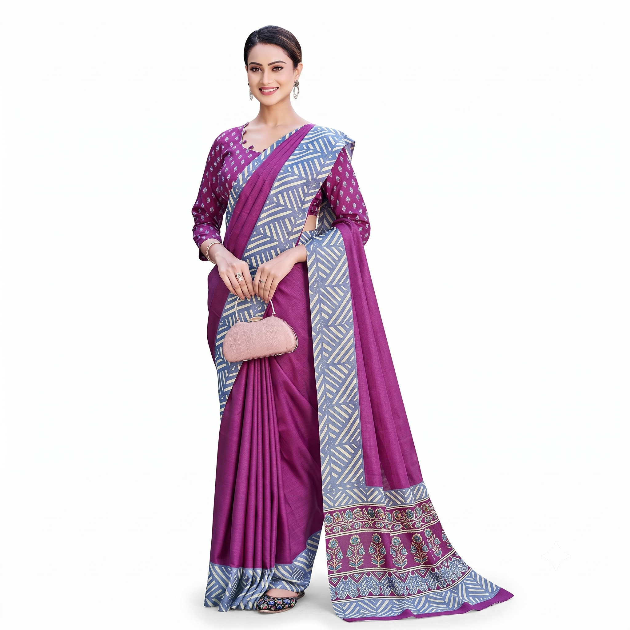 Royal Purple & Blue Geometric Print Silk Saree with Embroidered Border