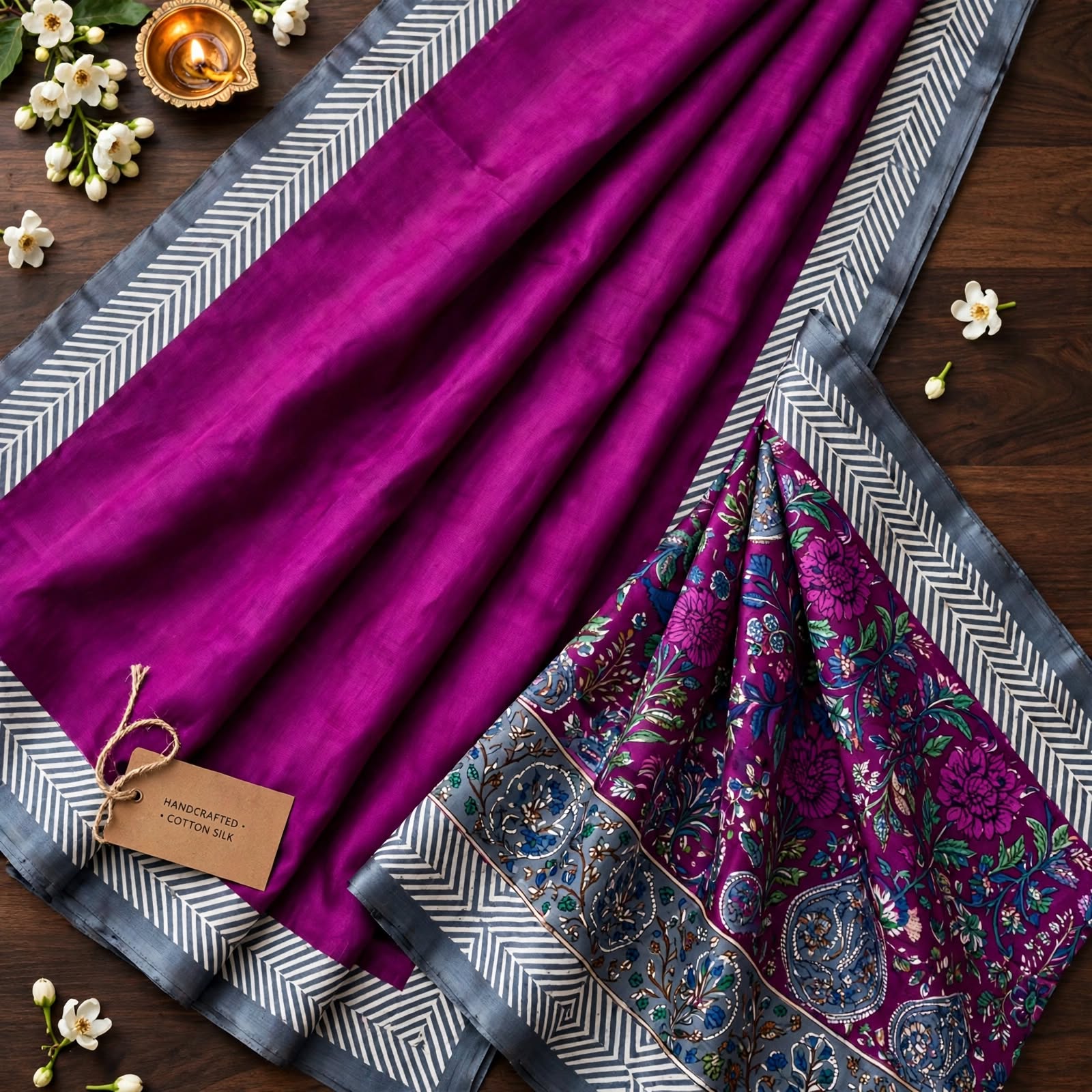 Royal Purple & Blue Geometric Print Silk Saree with Embroidered Border