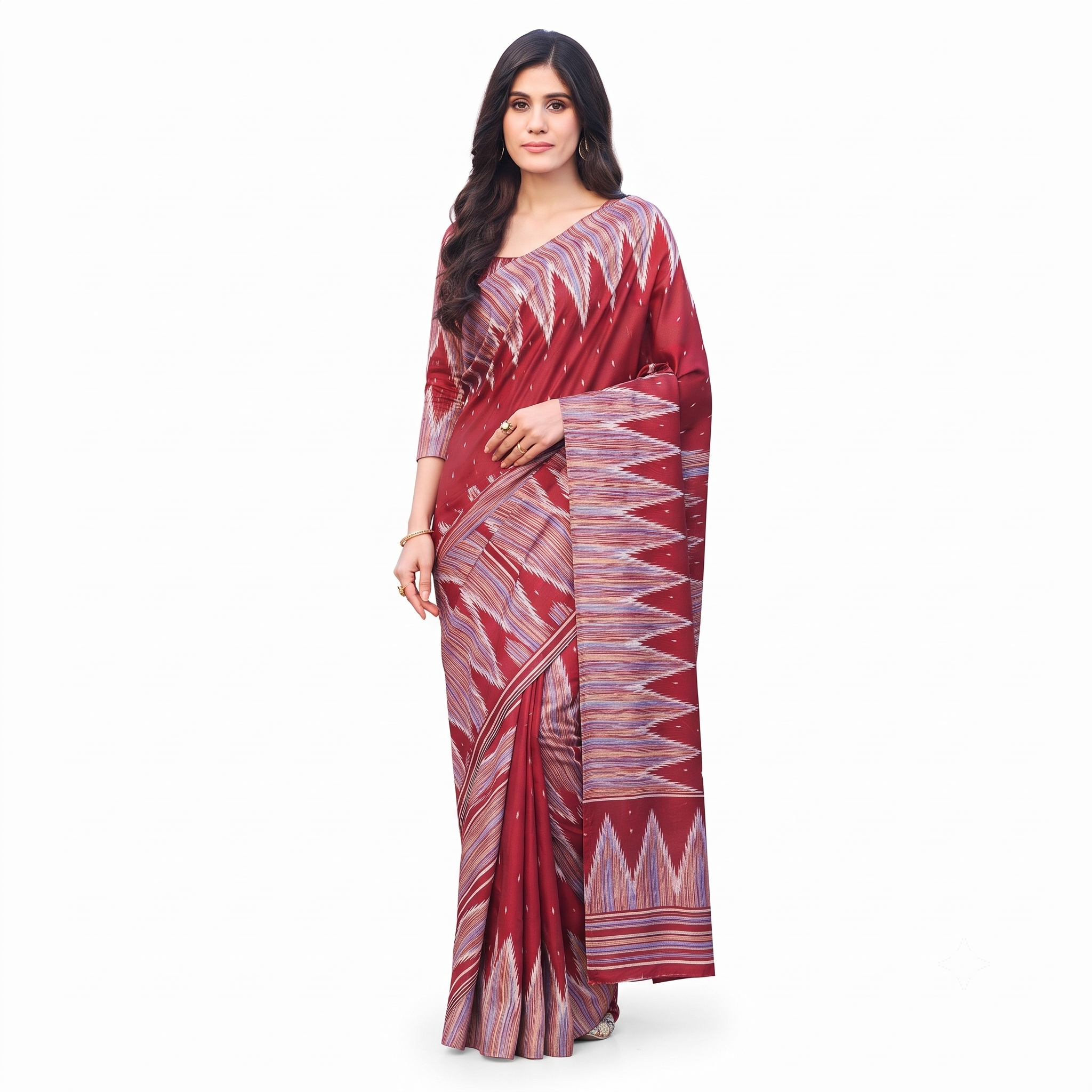 Maroon Ikat Silk Saree with Geometric Zigzag Border and Pallu