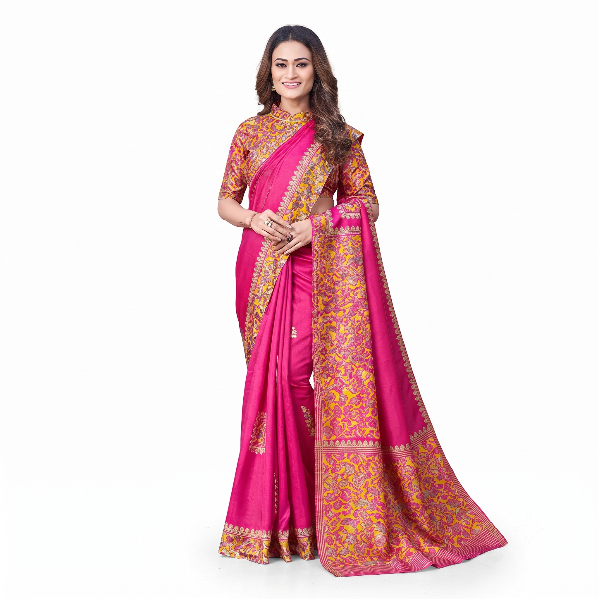 Vibrant Pink Silk Saree with Golden Banarasi Brocade Border and Pallu