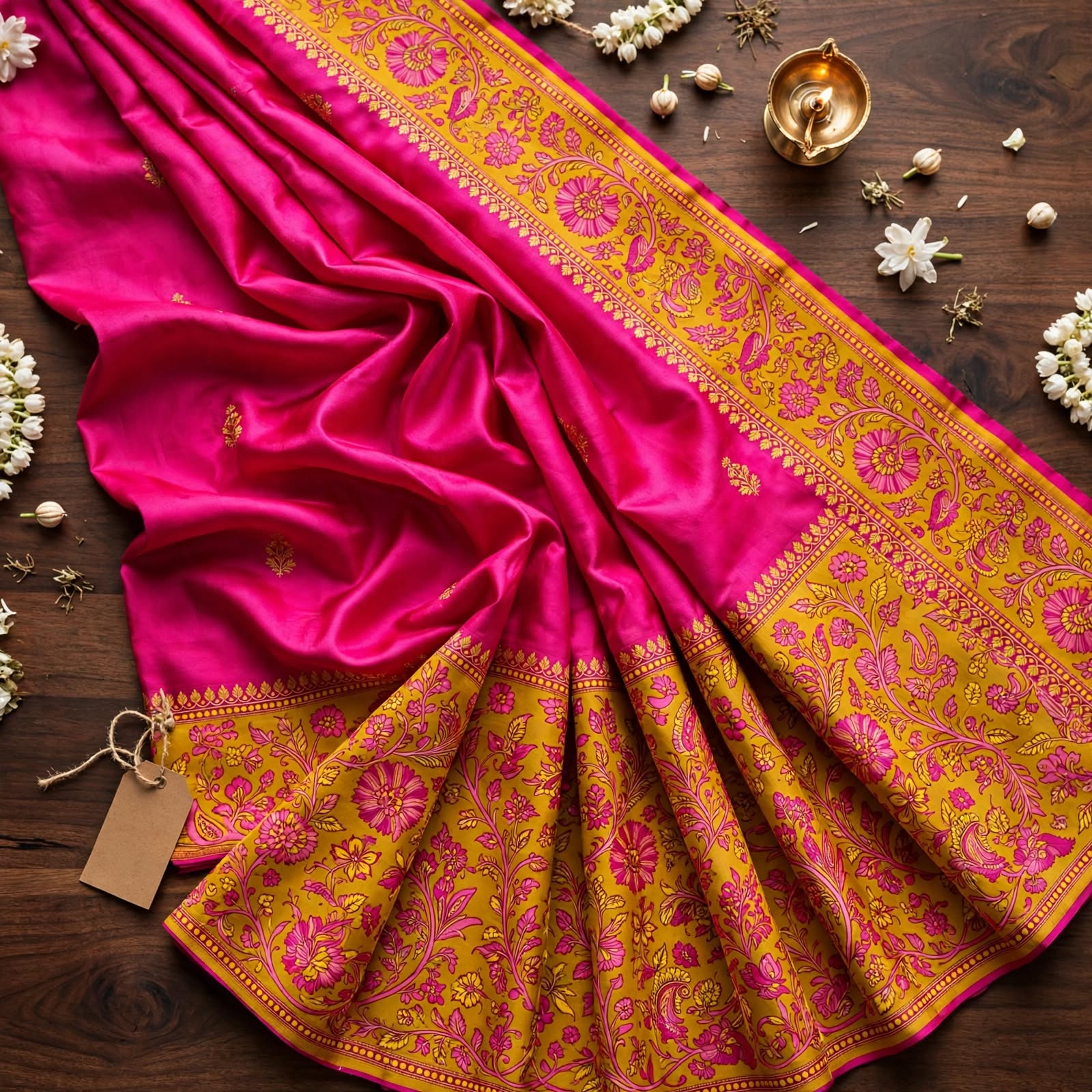 Vibrant Pink Silk Saree with Golden Banarasi Brocade Border and Pallu