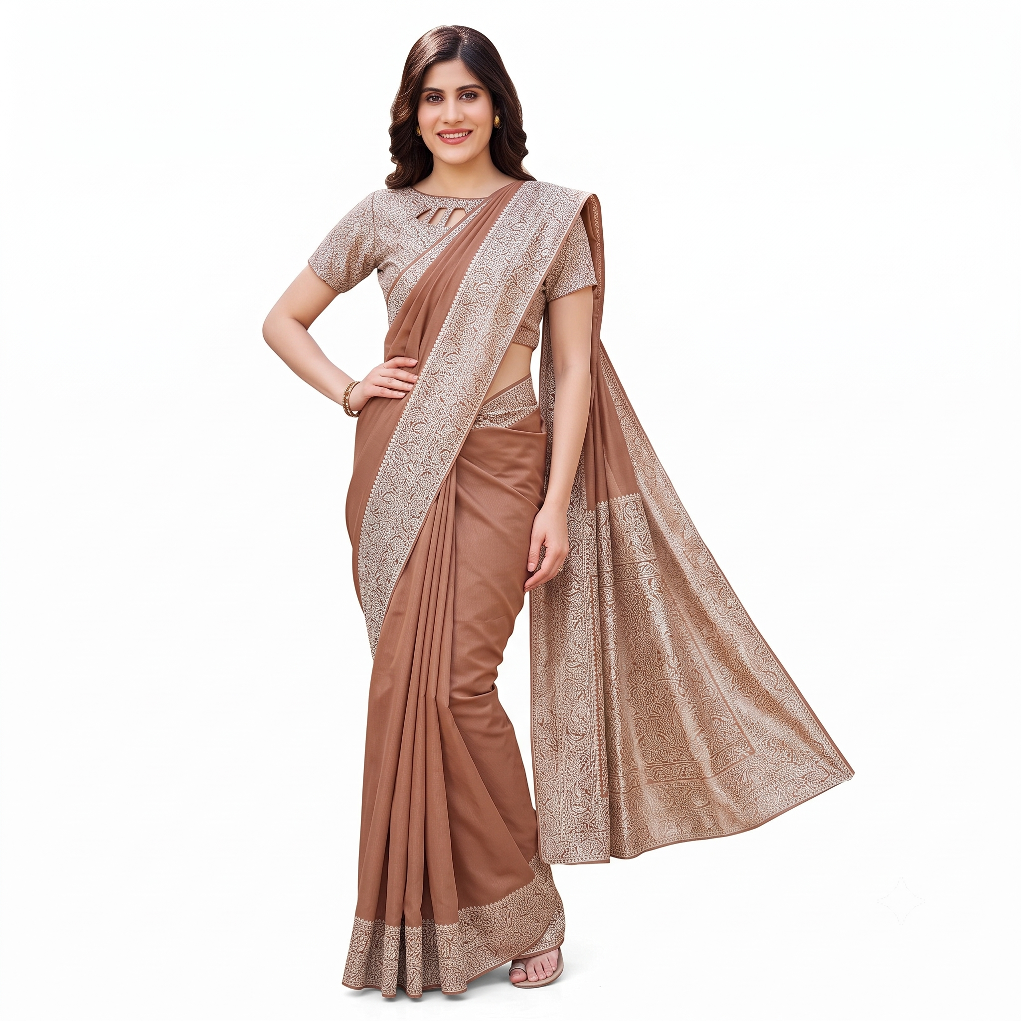 Elegant Brown Silk Saree with Intricate Beige Zari Border and Pallu