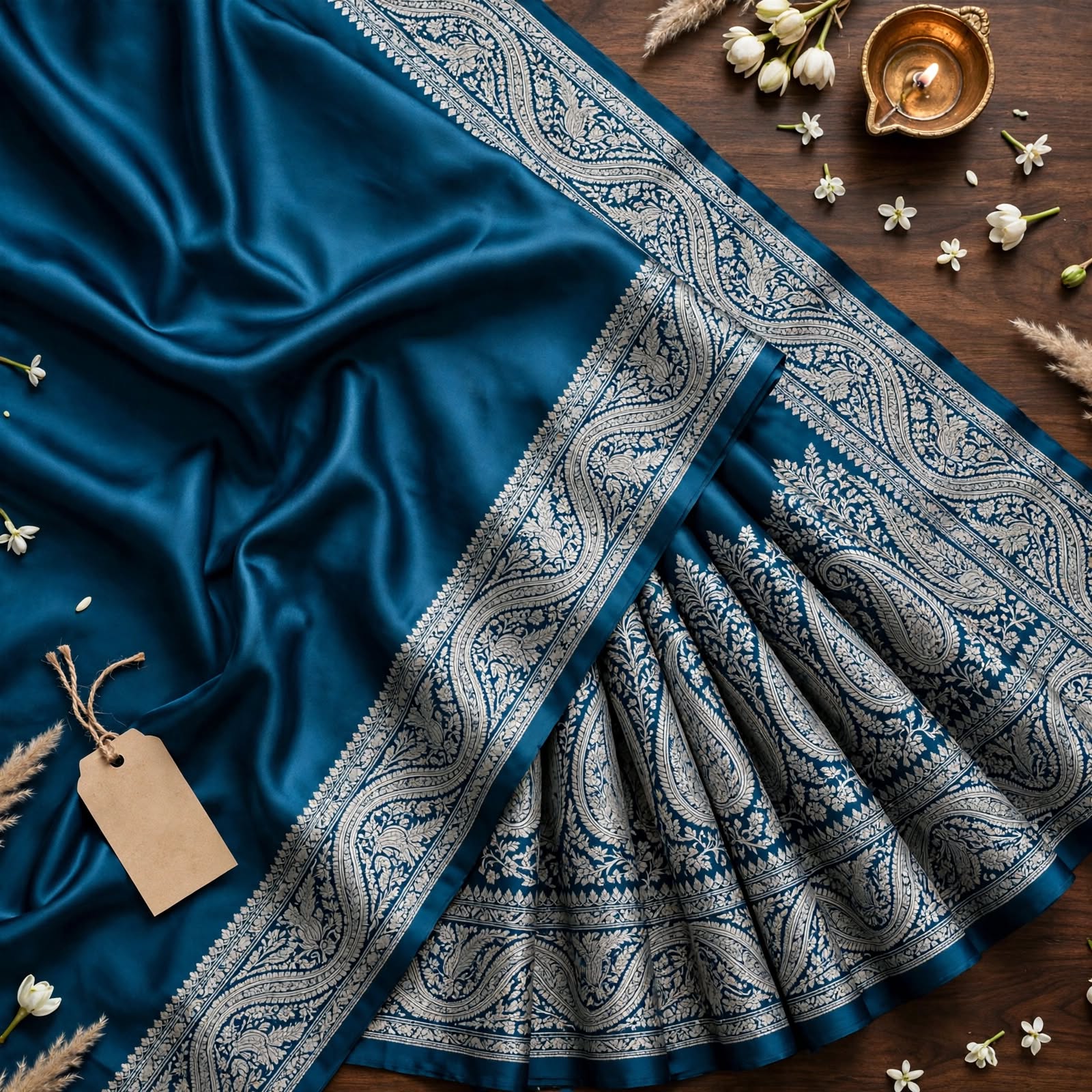 Teal Blue Silk Saree with Intricate Grey Zari Border and Pallu